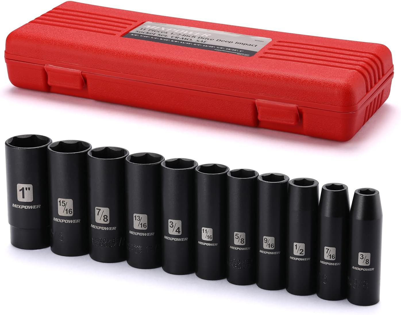 11 Pieces 1/2-Inch Drive Deep Impact Socket Set, 3/8-Inch to 1-Inch, CR-V, SAE,
