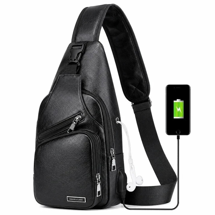 Mochila bandolera negra para hombre con puerto de carga USB.