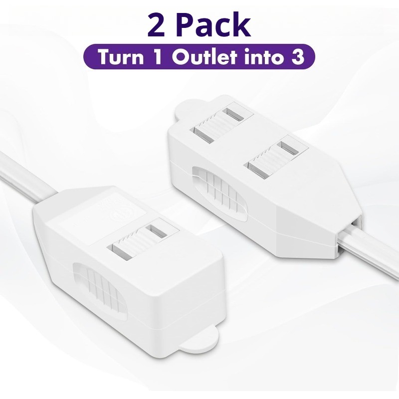 2 Pack 12 ft White Extension Cord with 3 Outlets - 16 AWG 2 Prong Indoor Cord