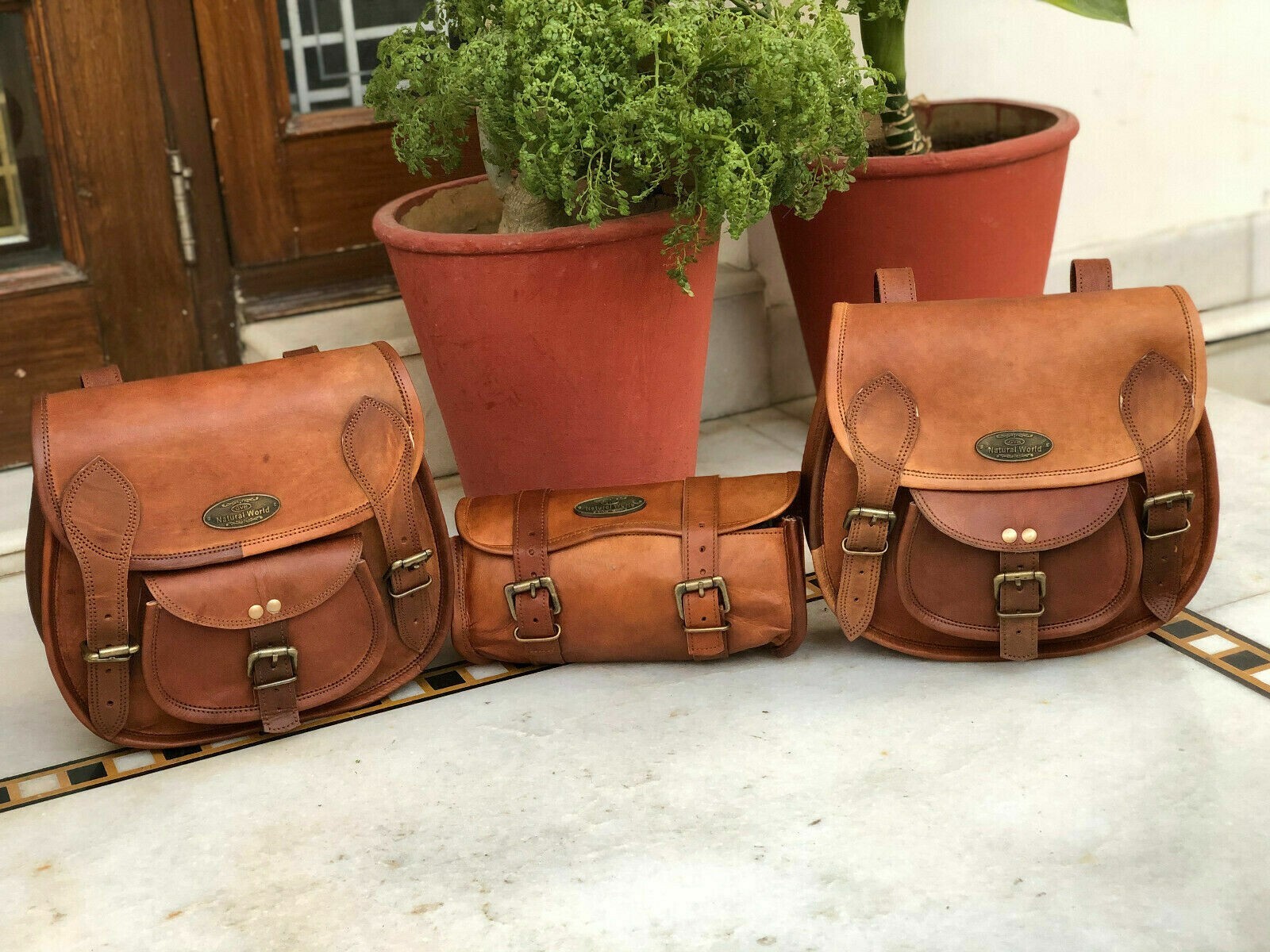 Saddlebags Saddle Panniers For Motorcycle 3 Bags Side Pouch Brown Leather Bag
