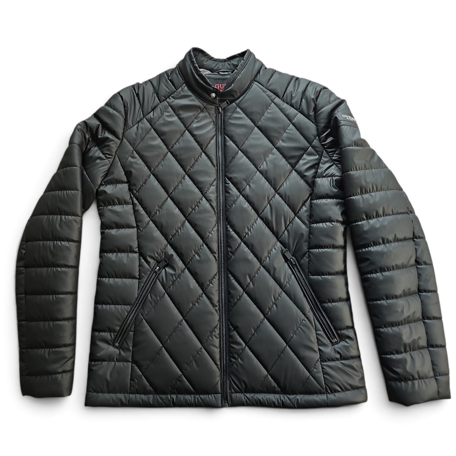 GUESS Men\'s Tech Stretch Diamond Quilted Faux Leather Jacket Black Size M GUESS Men\'s Tech Stretch Diamond Quilted Faux Leather Jacket Black Size M