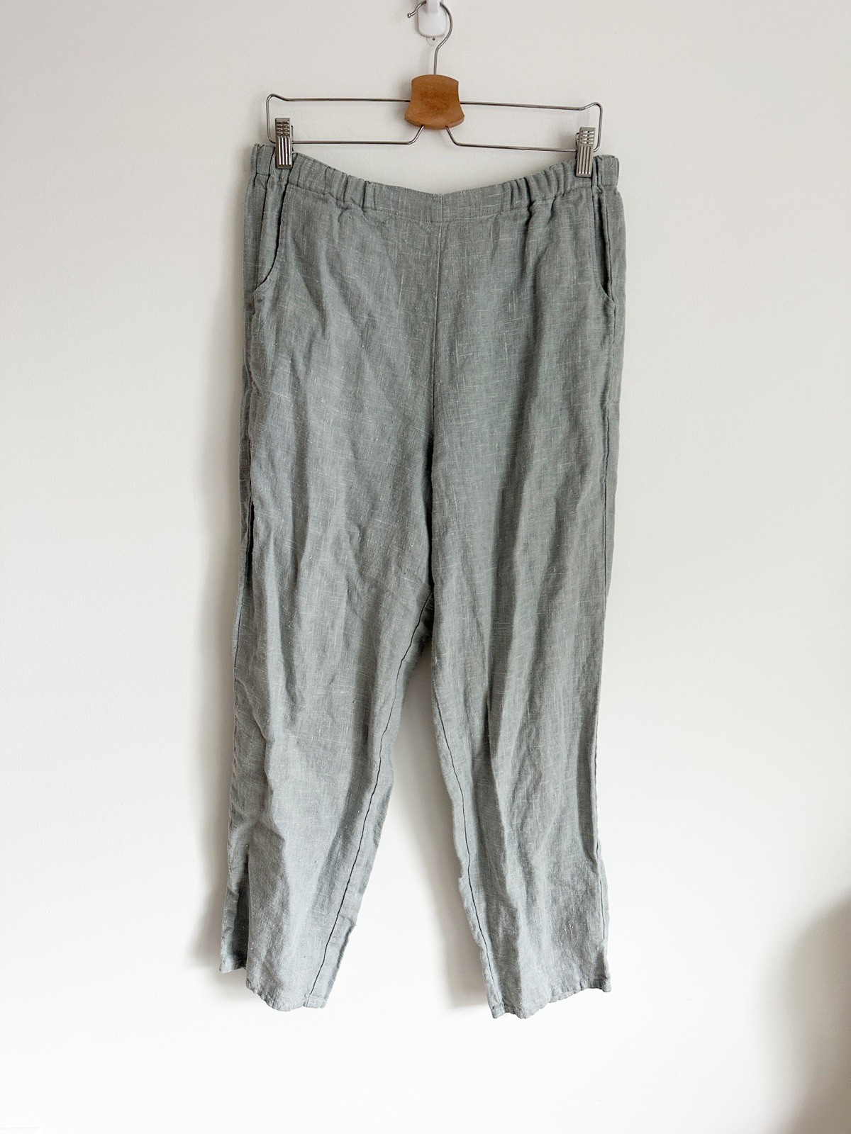 FLAX 100% Linen Gray Wide Leg Tapered Lagenlook Pull On Ankle Pants Small