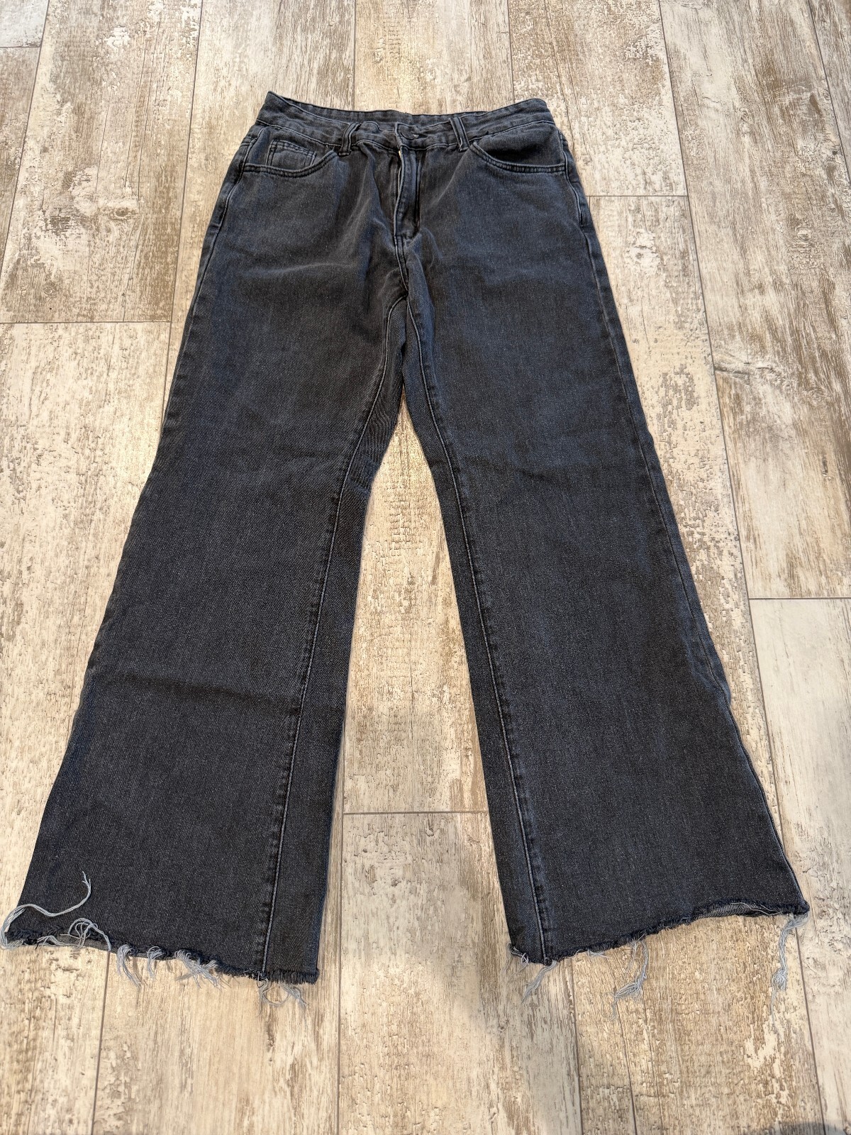 Romwe Womens 8 Black Flare Jeans Pink Crown Raw Hem Y2K