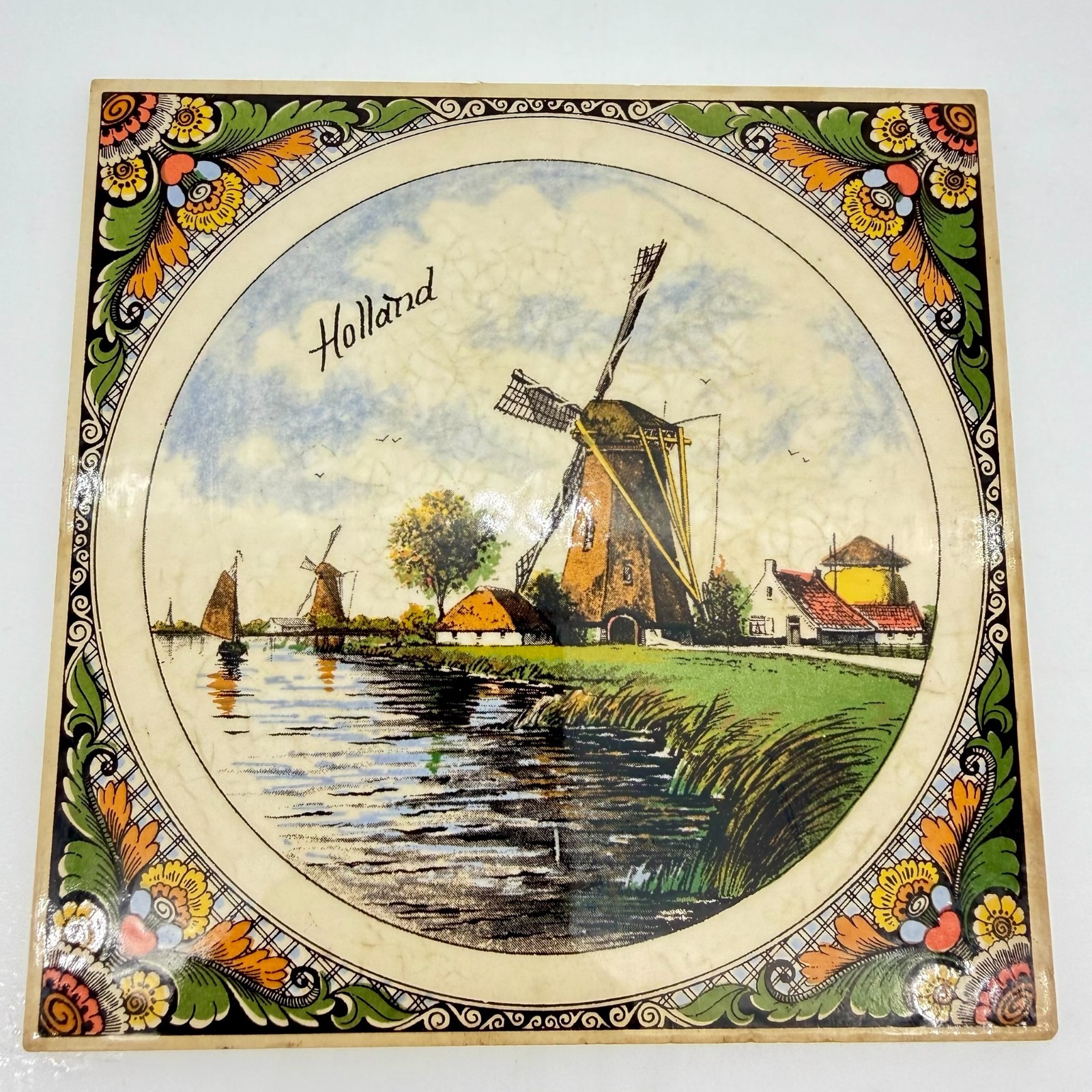 Vintage Holland Windmill Ceramic Tile Trivet Polychrome 6.25\