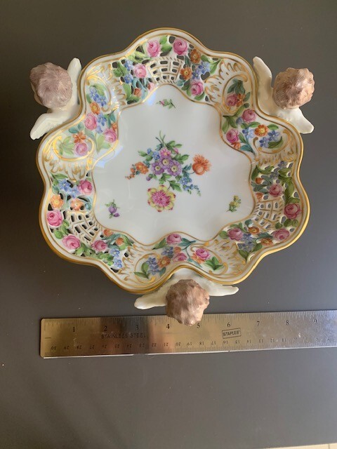 Rare Dresden Reticuled Cherub Porcelain Bowl with Painters Mark