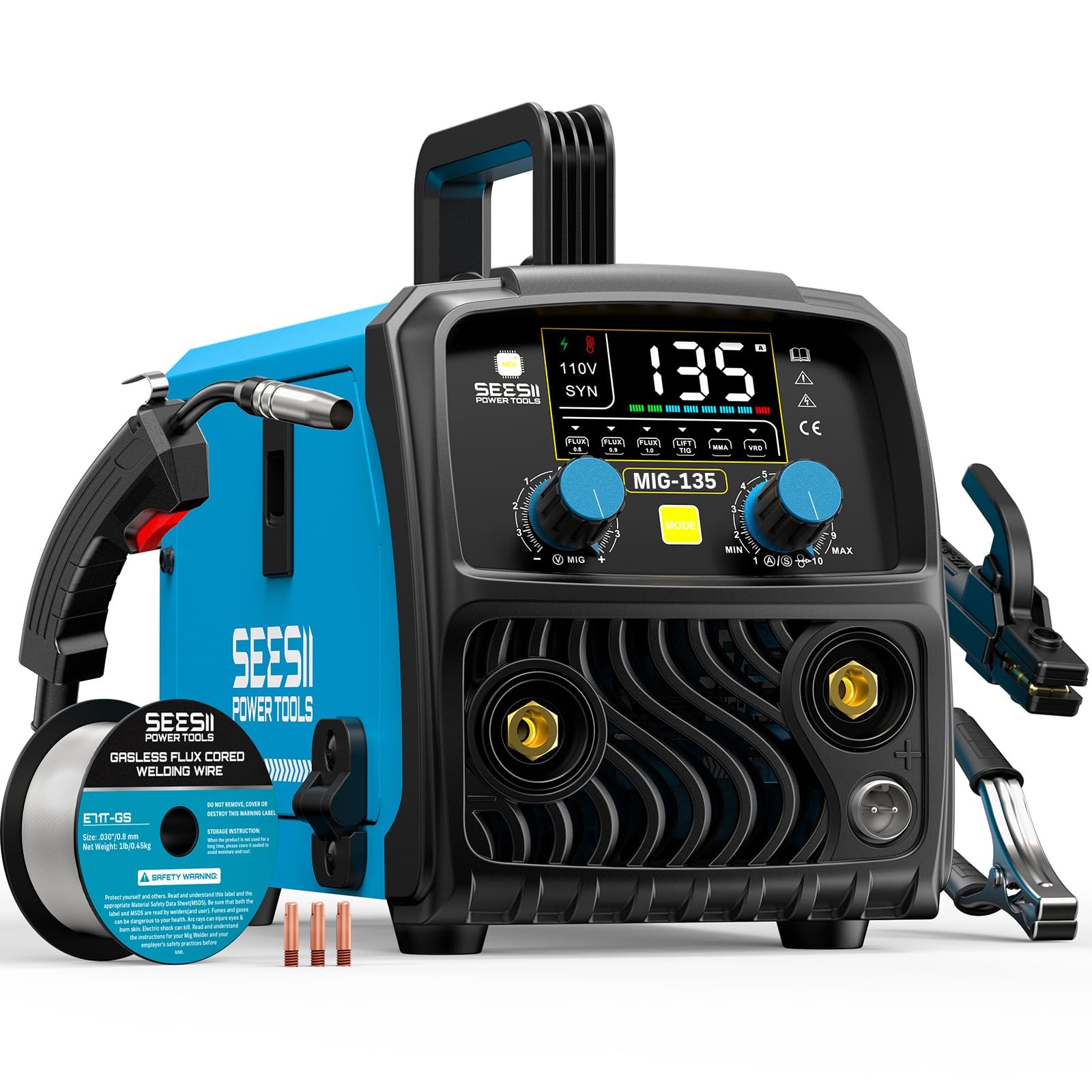 SEESII 135A MIG Welder 110V - 3-in-1 Gasless Flux Core/Lift 135A, Blue SEESII 135A MIG Welder 110V - 3-in-1 Gasless Flux Core/Lift 135A, Blue