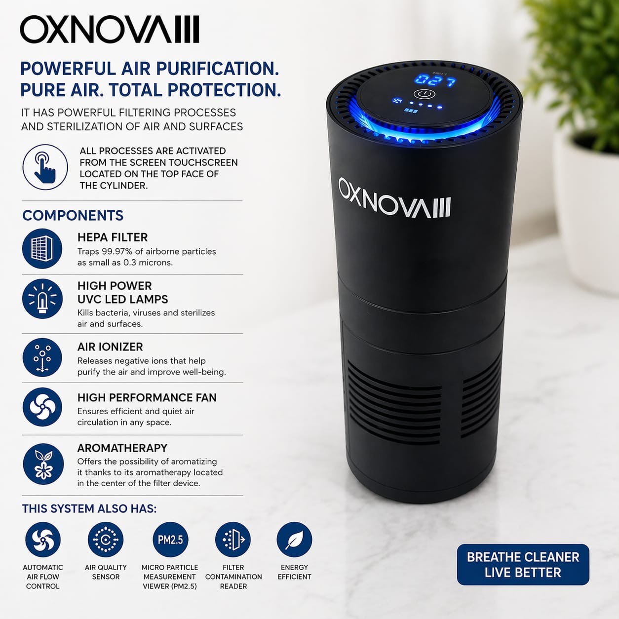 OXNOVA Portable Air Purifier HEPA UVC Ionizer PM2.5 Sensor freshener  Home Car