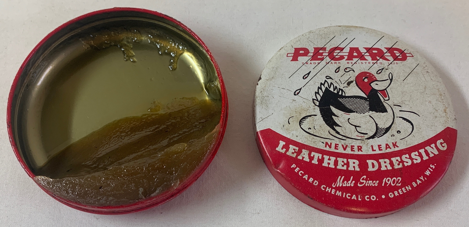 vintage PECARD LEATHER DRESSING tin ~ duck logo ~ 3.5 inches vintage PECARD LEATHER DRESSING tin ~ duck logo ~ 3.5 inches