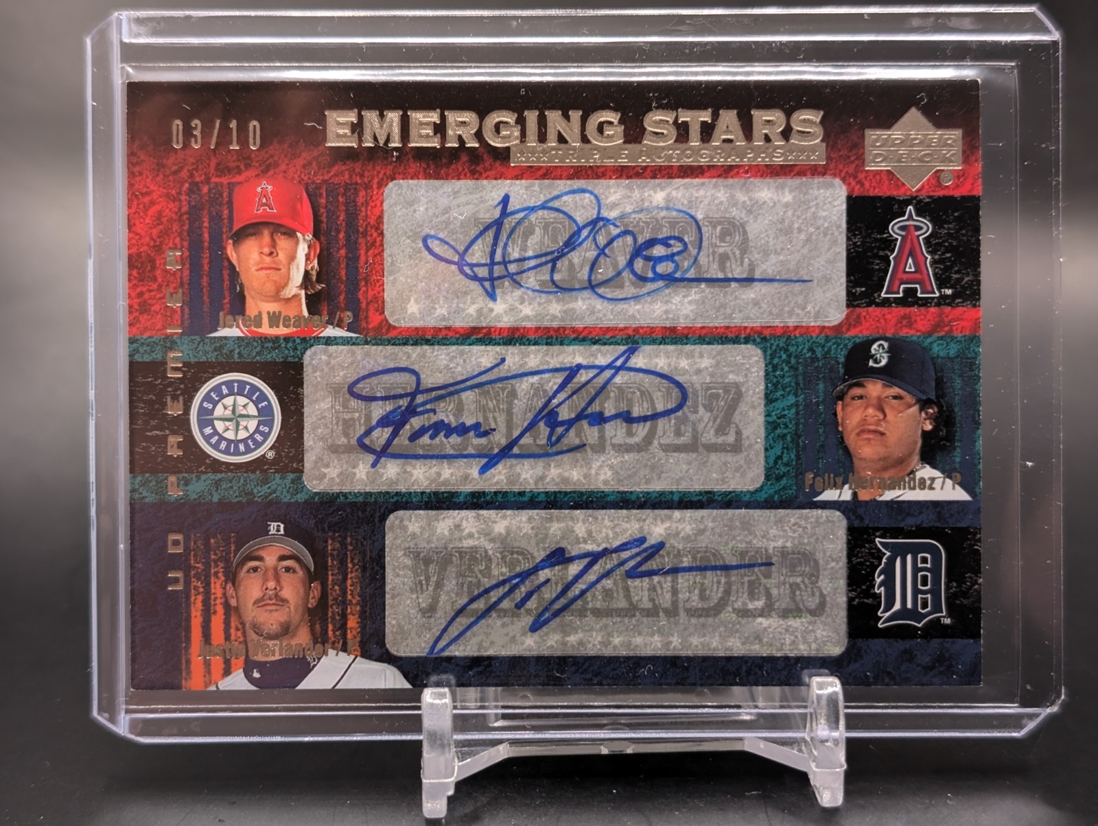 2007 UD Emerging Stars Triple Autographs Gold Verlander/Hernandez/Weaver #/10 2007 UD Emerging Stars Triple Autographs Gold Verlander/Hernandez/Weaver #/10