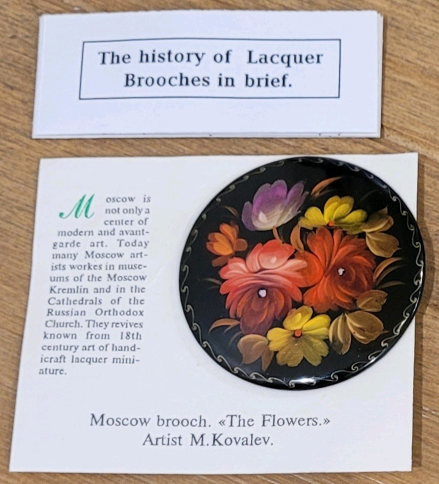 Vintage Russian Lacquer Brooch Pin Hand Painted Flowers Signed
