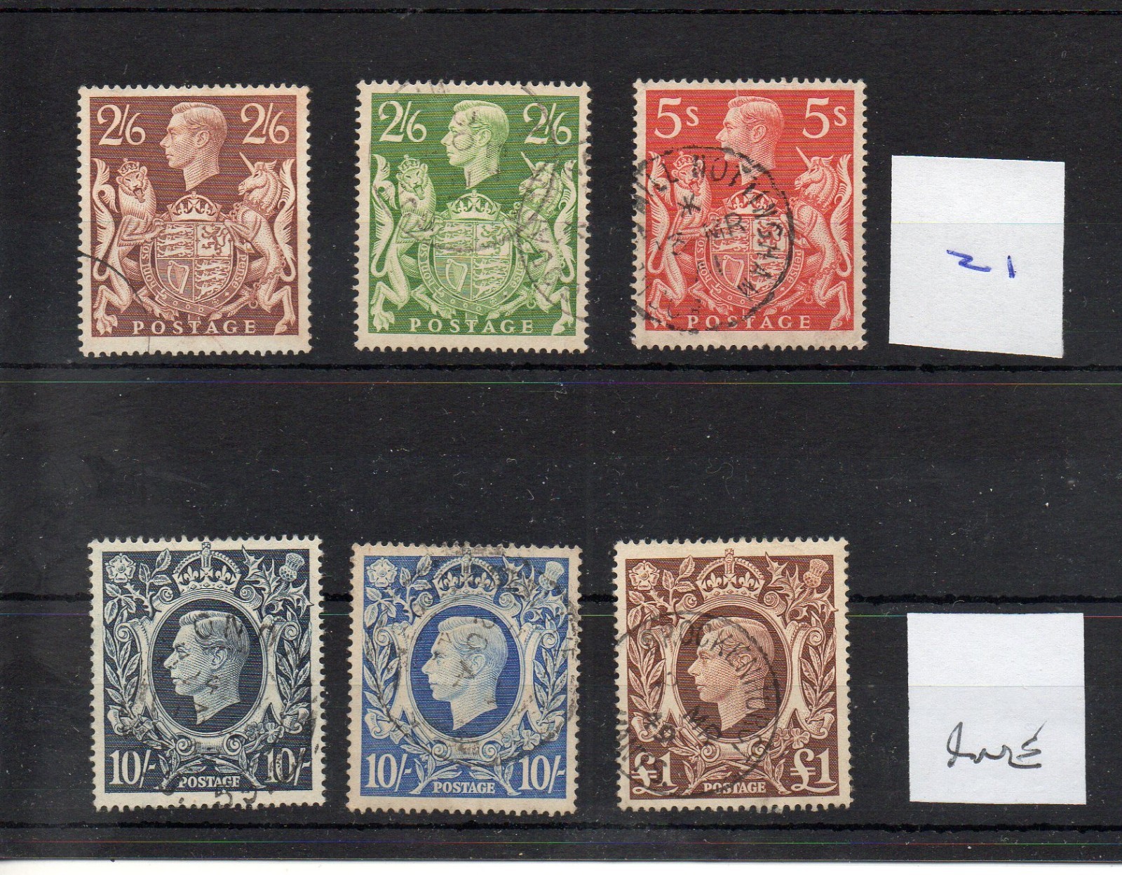 GB - George V1  (A 21)  1939/48  2/6d - £1.00 six high values - fine cancels