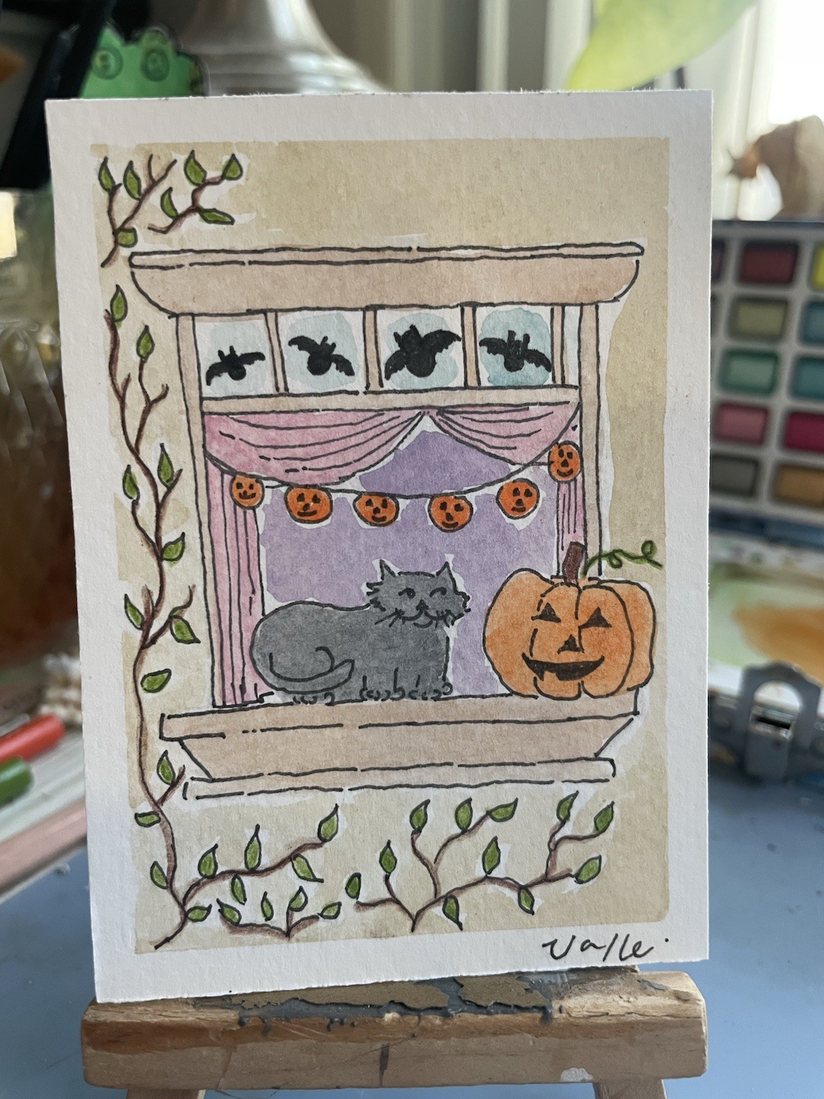 ACEO Autumn Windowsill Black Cat with Pumpkin Original Watercolor Painting