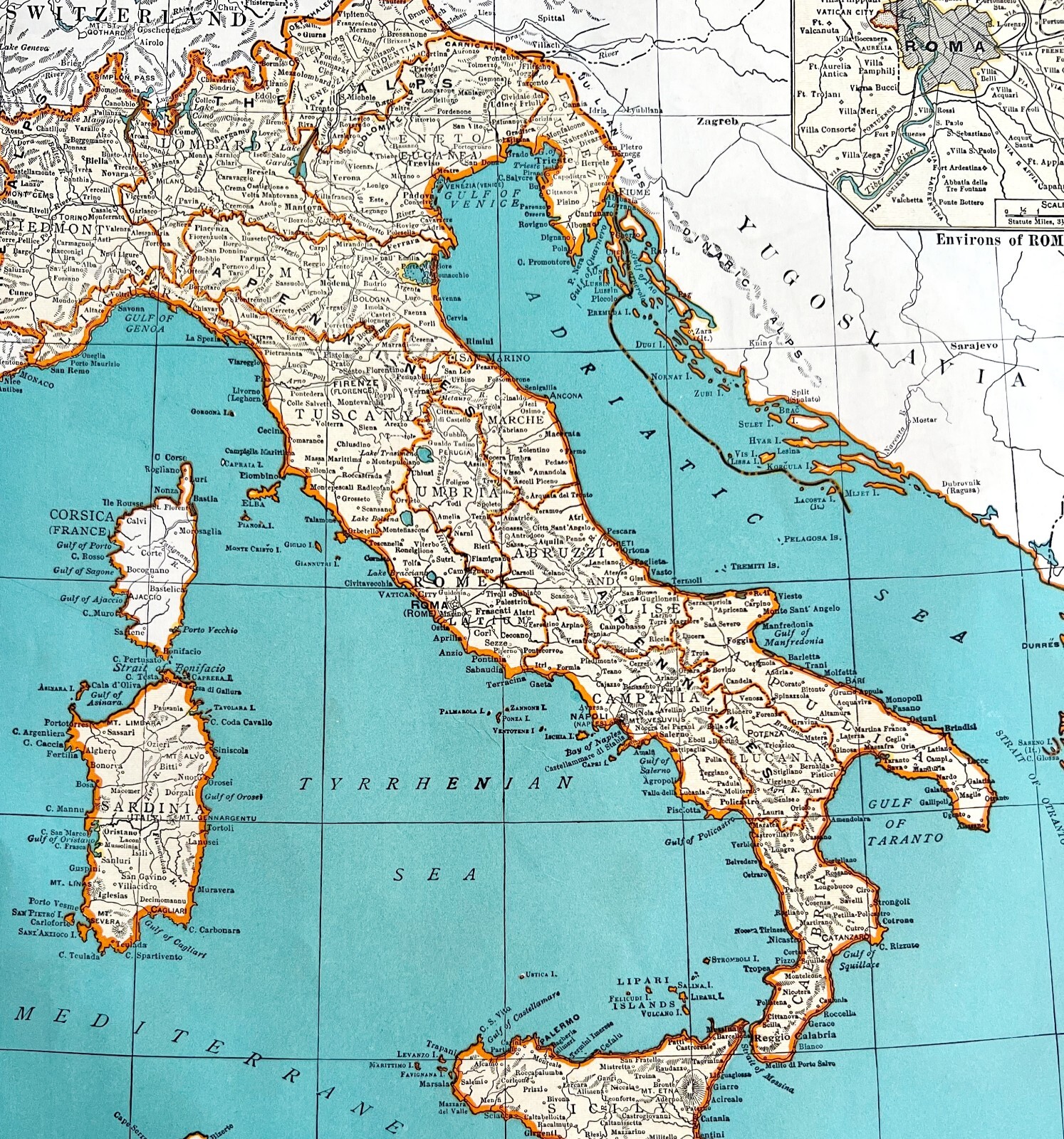 Italy Sardinia Adriatic Mediterranean Sea 1935 Map Europe 14 x 11\