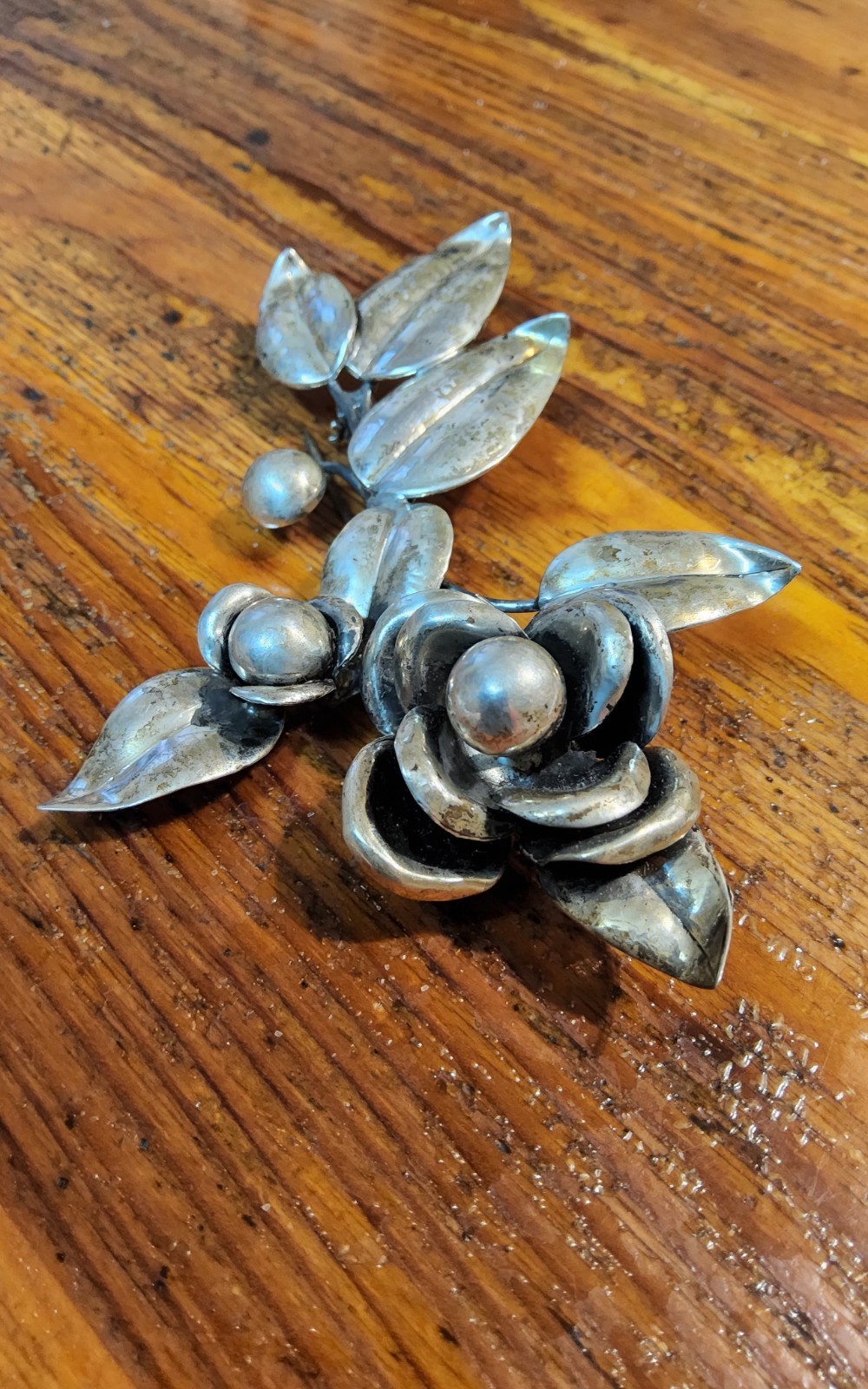 Vintage 1950s Sterling Silver 3D Rose Flower & Berry Brooch Pin, Huge 23.31g
