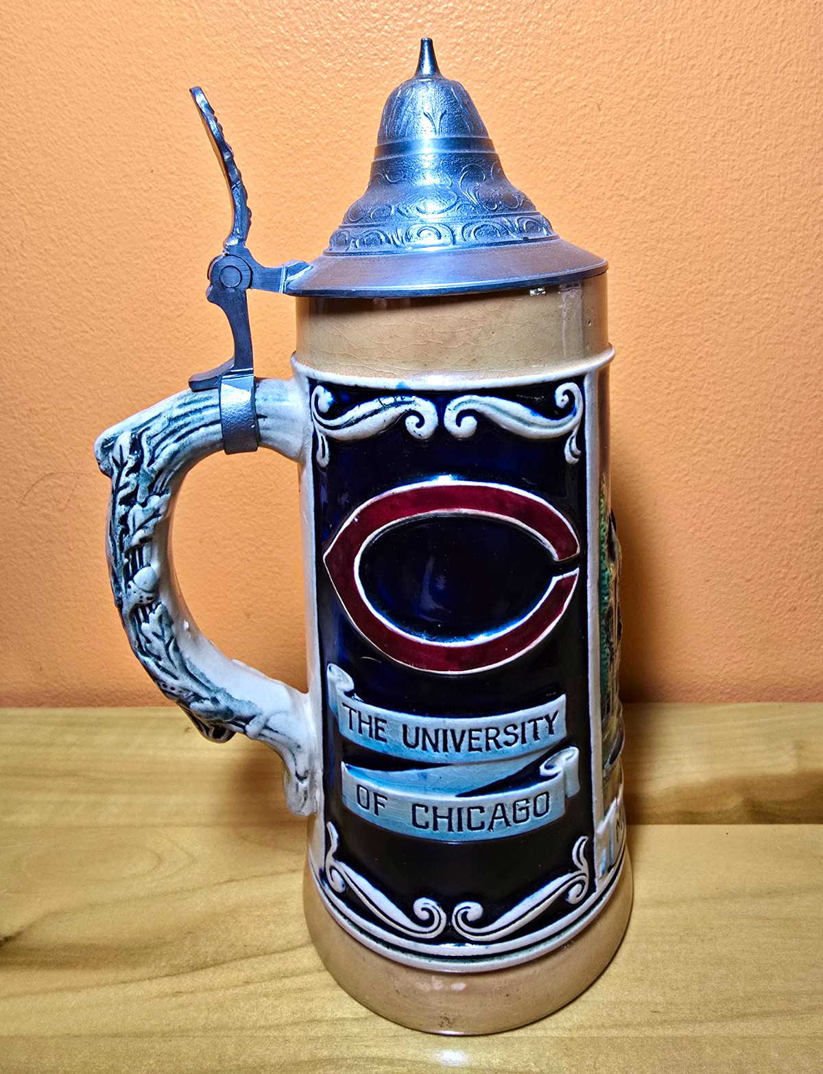 Vintage University of Chicago Beer Stein Mug Lidded Pewter Ceramic Relief Rare