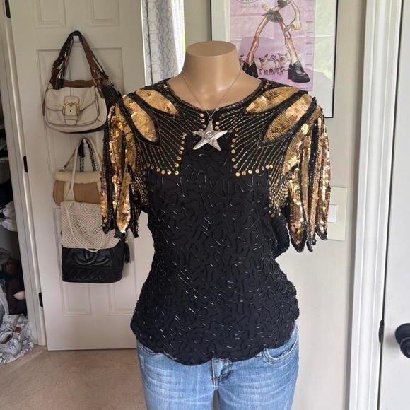 Vintage Stenay 2000s Black & Gold Sequin Beaded silk Evening Top
