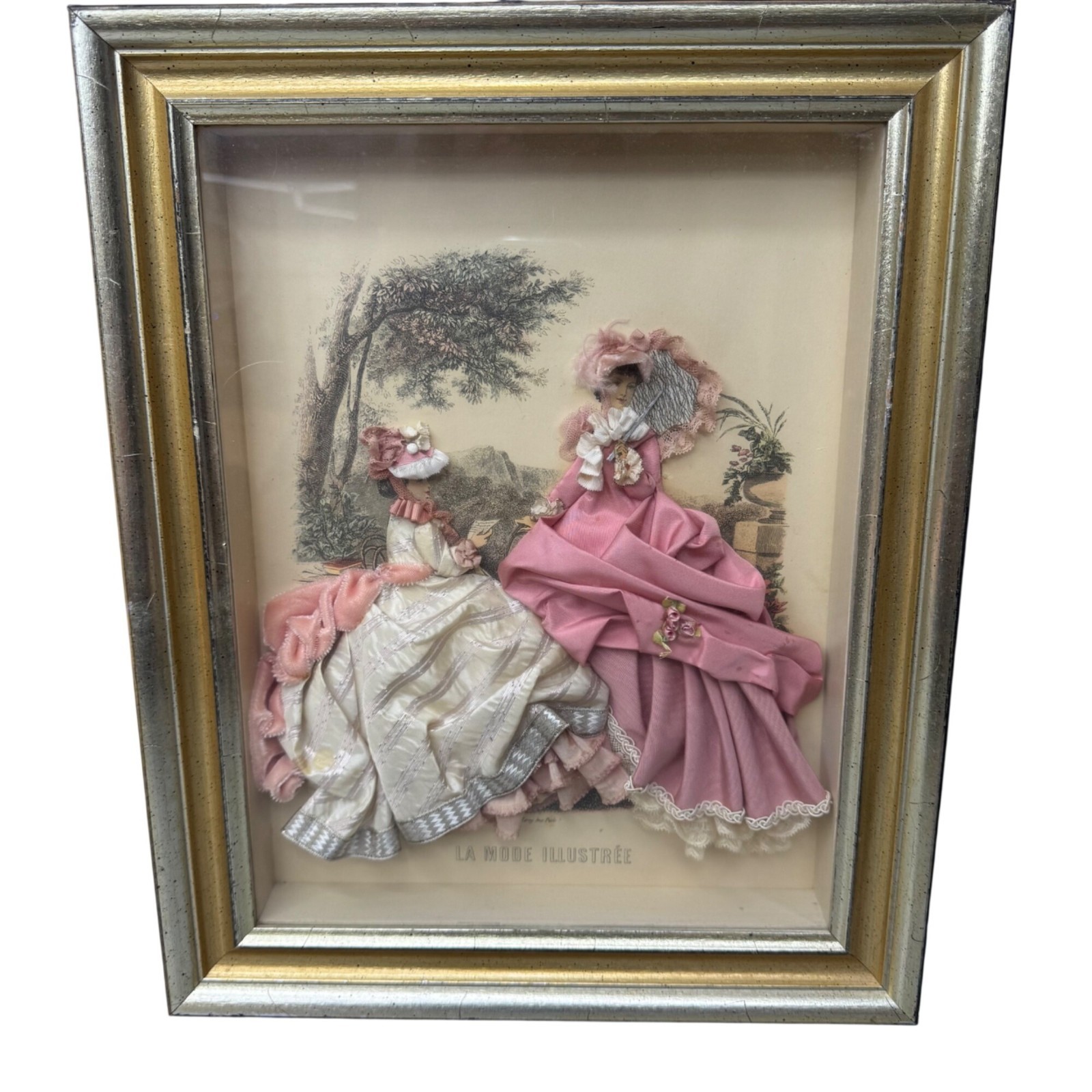 Antique La Mode Illustree Print 3D Shadow Box Pink Ruffle Fabric 12x15 Fashion