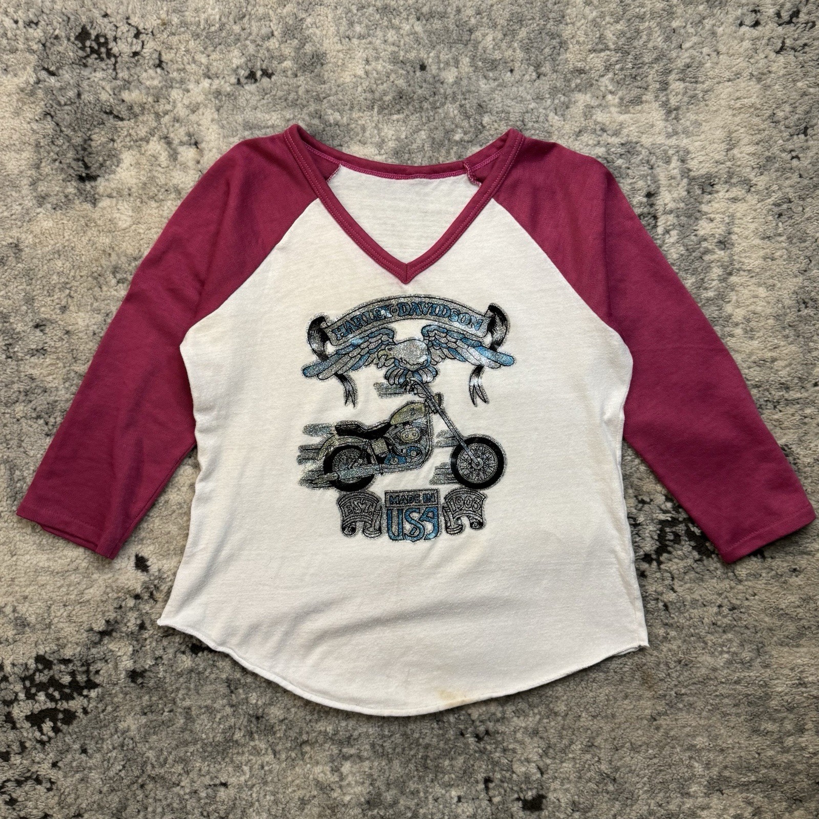 Vintage 80s Harley-Davidson Women’s V-Neck Raglan 3/4 Sleeve Baby Tee Size Small