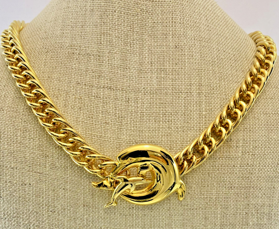 Vintage Allison Reed Dolphins Pendant Brooch Necklace Gold Plated 20\ Vintage Allison Reed Dolphins Pendant Brooch Necklace Gold Plated 20\