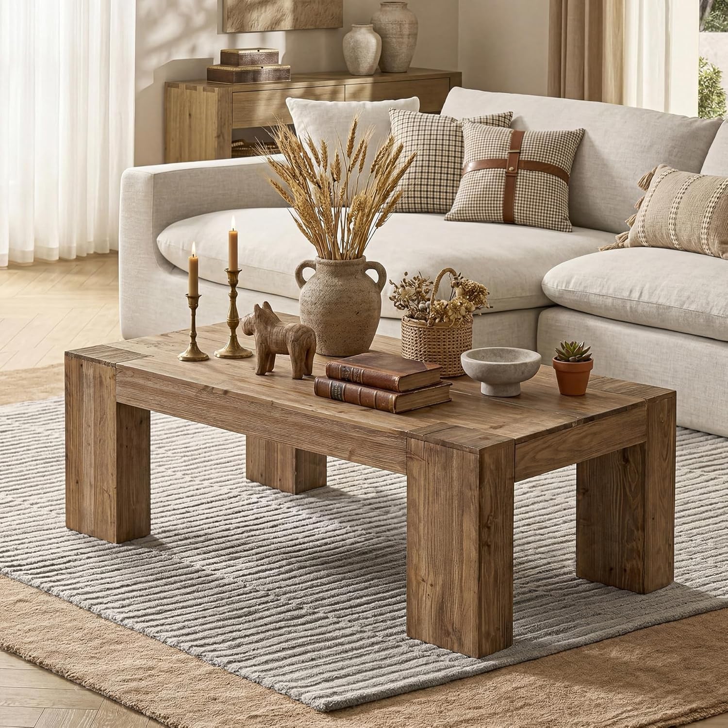 55.12 Inch Solid Wood Coffee Table Modern Farmhouse Center Table for Living Room