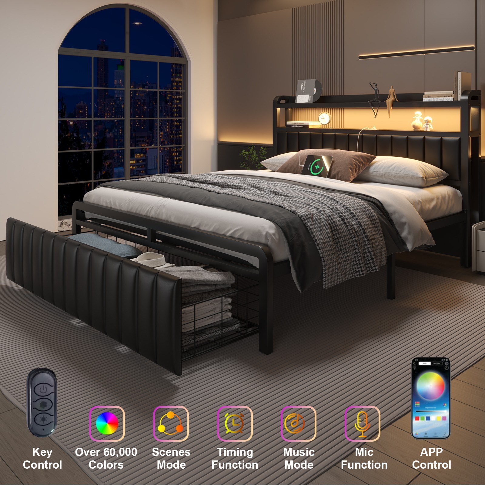 Full Queen LED Bed Frame with Charging Station&Upholstered Storage Headboard Full Queen LED Bed Frame with Charging Station&Upholstered Storage Headboard