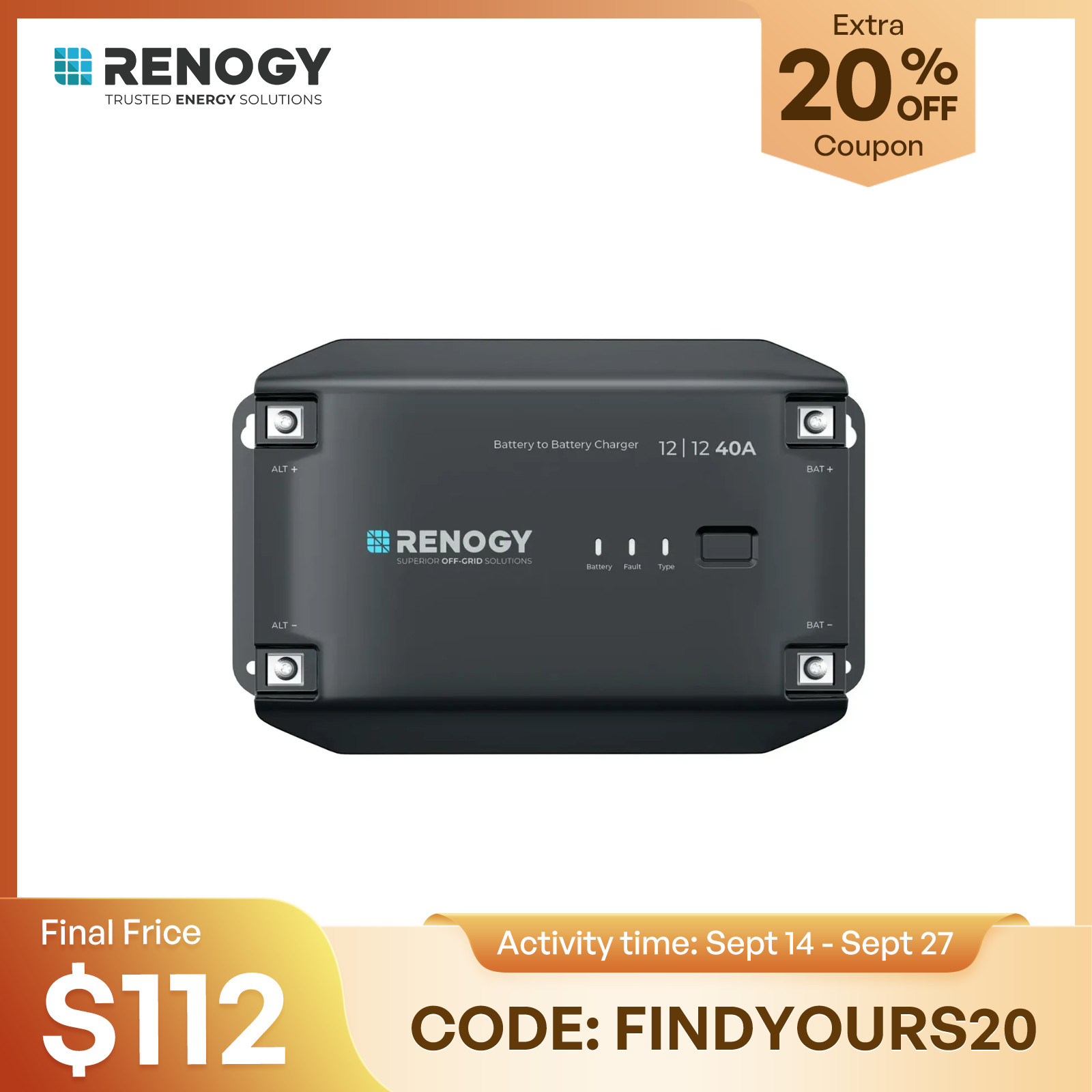 Renogy 12V 40A DC to DC Battery Charger DC-DC On-Board Battery Charger Renogy 12V 40A DC to DC Battery Charger DC-DC On-Board Battery Charger