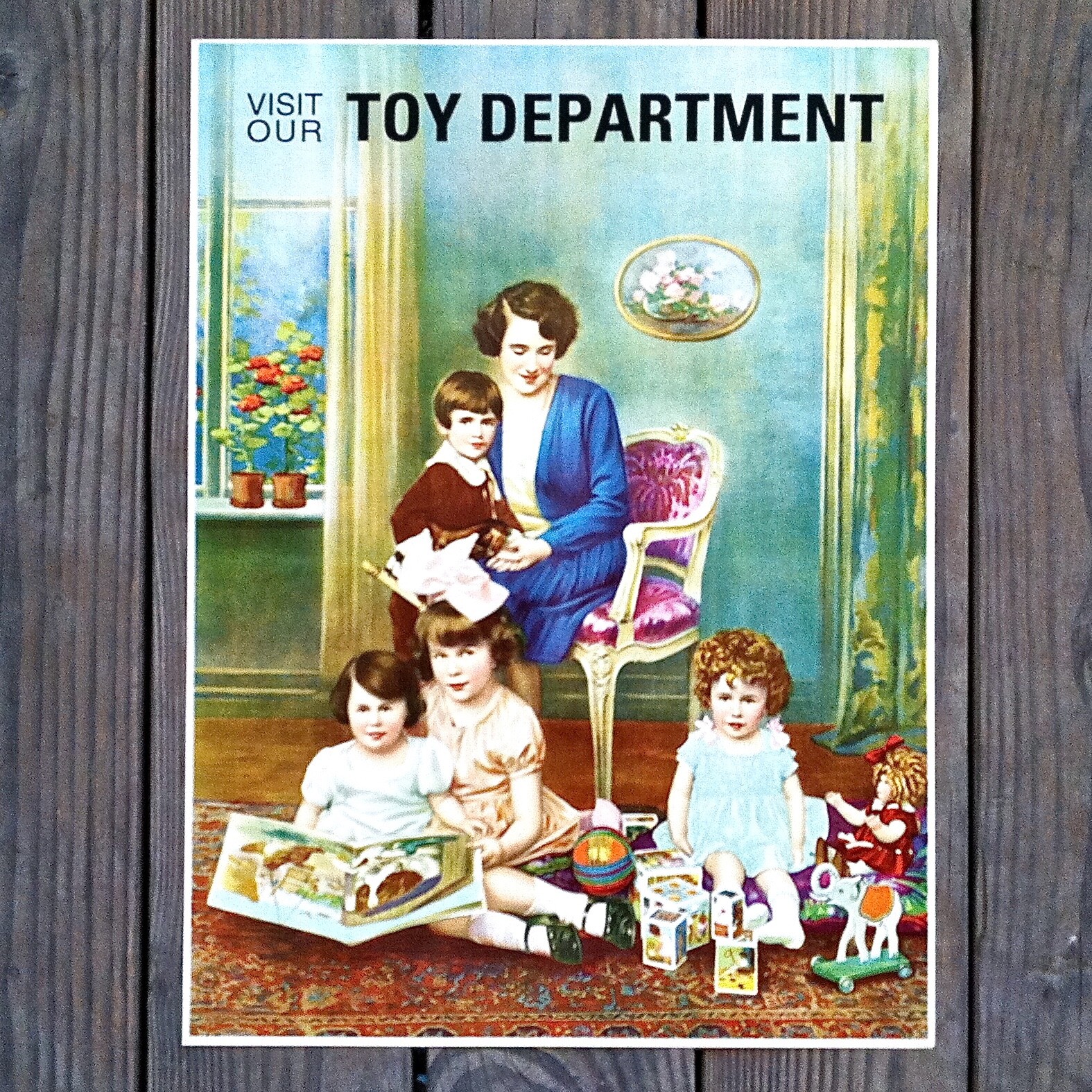 ANTIQUE Original 1920s Visit Our TOY DEPARTMENT Retail Lithograph SIGN Poster