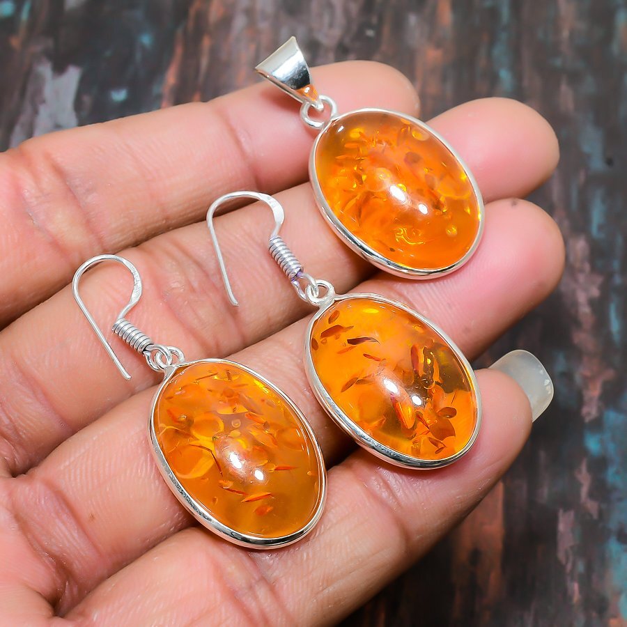 Baltic Amber Gemstone Handmade 925 Sterling Silver Pendant + Earring Jewelry Set