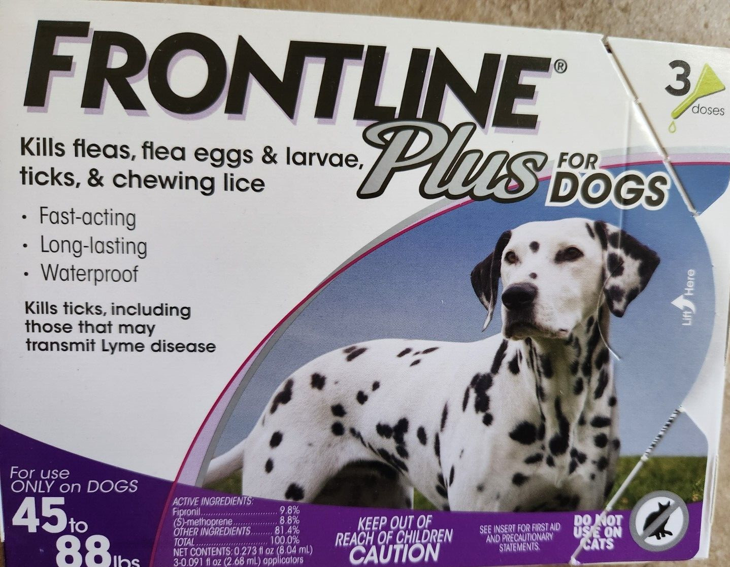 Frontline Plus for Large Dogs 45-88 lbs. 3 Doses - EPA Approved - Genuine