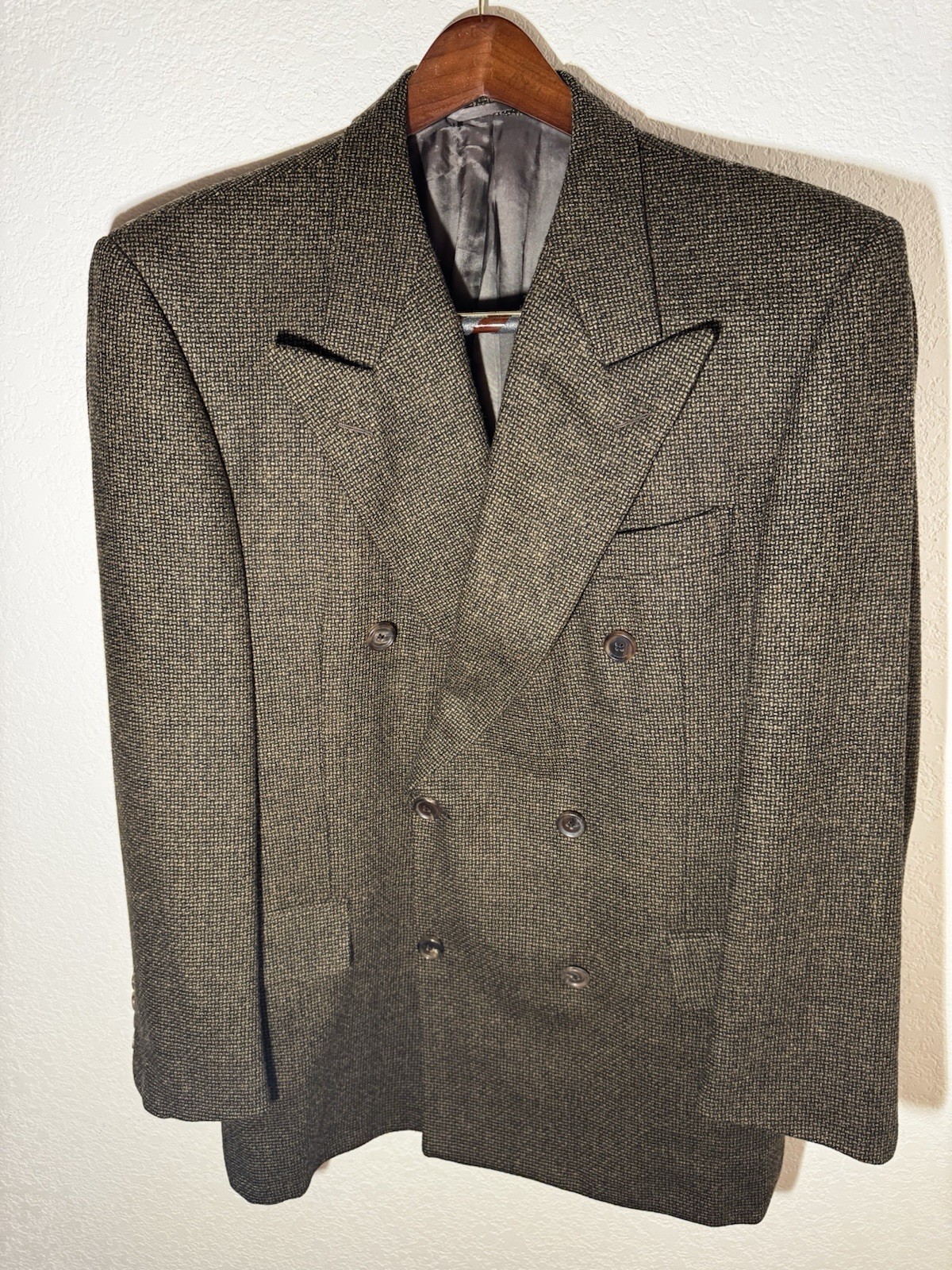 Vintage Hickey Freeman Double Breasted Blazer Mens 42R Brown Tweed Wool Cashmere