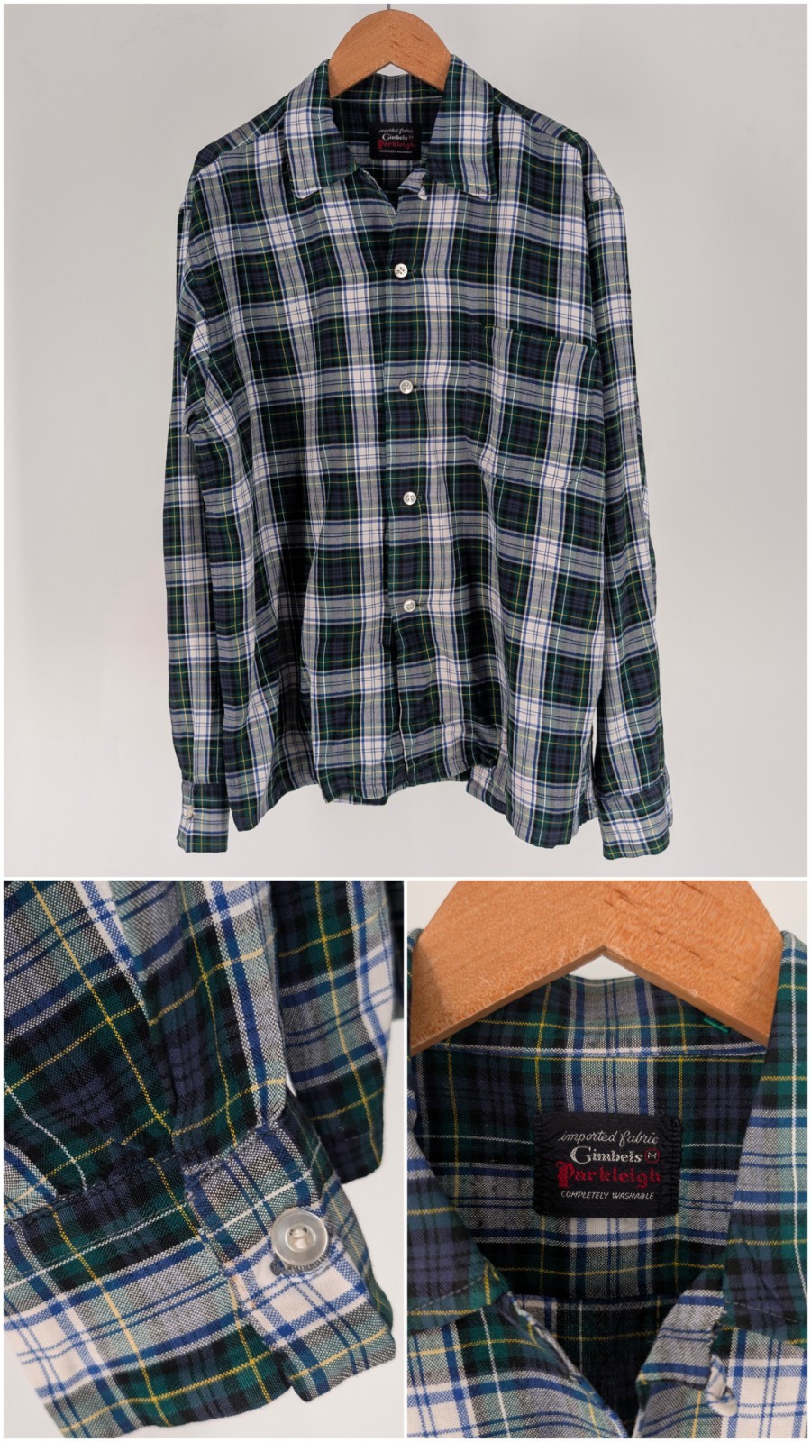 Vintage 50s Gimbels Parkleigh Loop Collar Shadow Plaid Flannel Shirt Green M