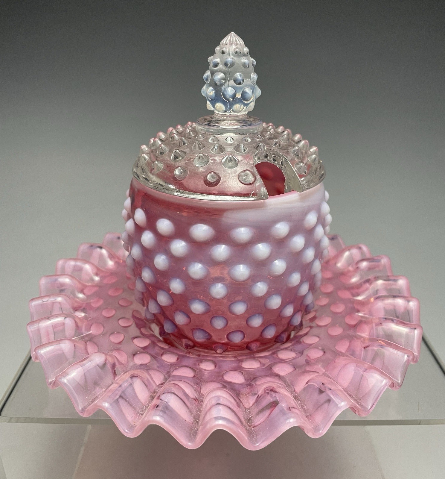 Fenton Glass Cranberry Opalescent 1940’s Hobnail Jam Set Fenton Glass Cranberry Opalescent 1940’s Hobnail Jam Set