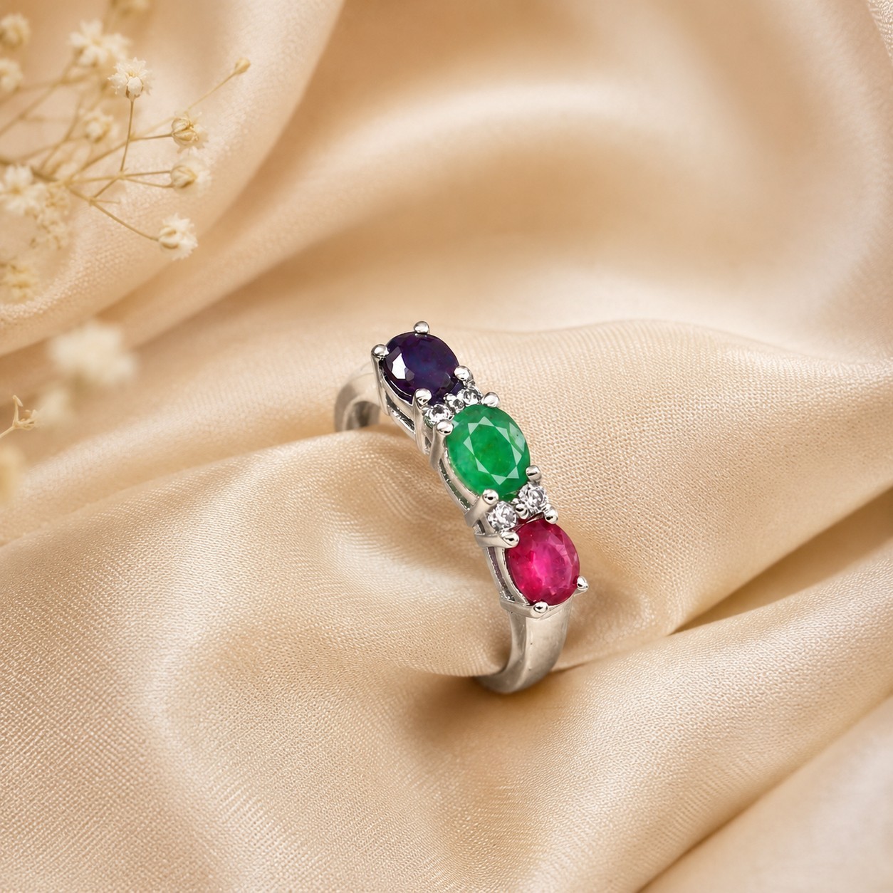 Multi Stone Genuine Emerald Ruby Blue Sapphire Ring 925 Silver Minimal Jewelry