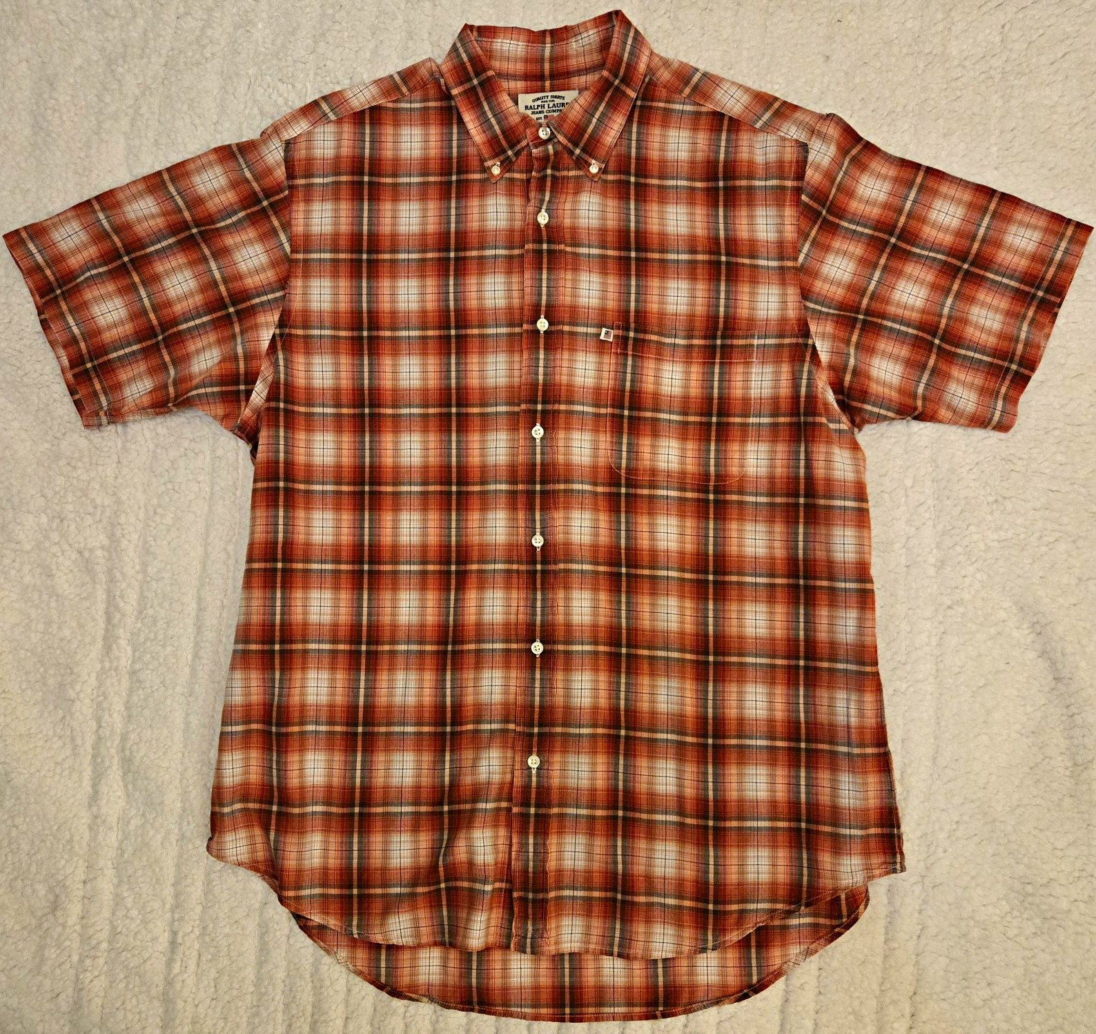 Ralph Lauren Jeans Company L Brown Plaid Woven Cotton Short Sleeve Button-Down