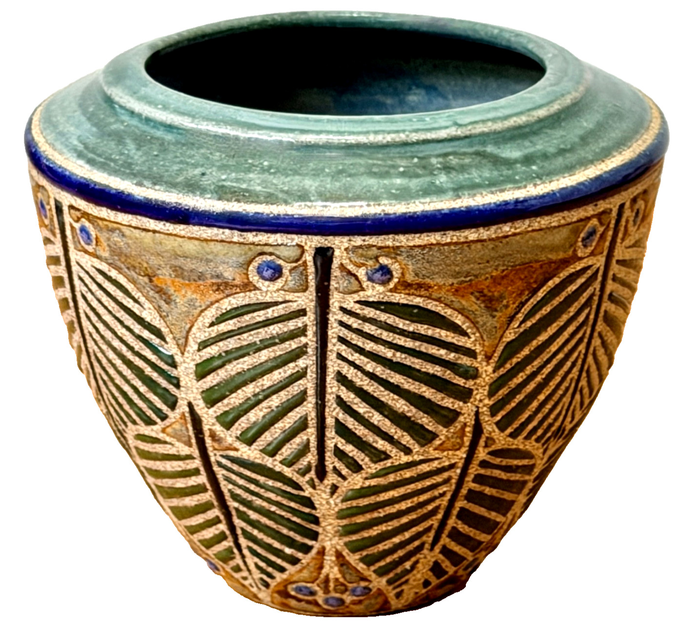 Cathra Anne Barker Santa Fe Studio Art Pottery Leaf Design Vessel Bowl Vase Vtg