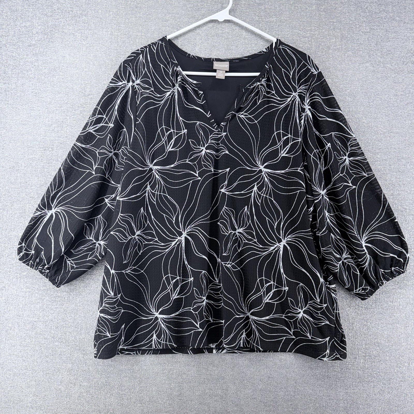 Chicos 3/4 Sleeve Pullover Top Women Size 3 Black Floral White Lined