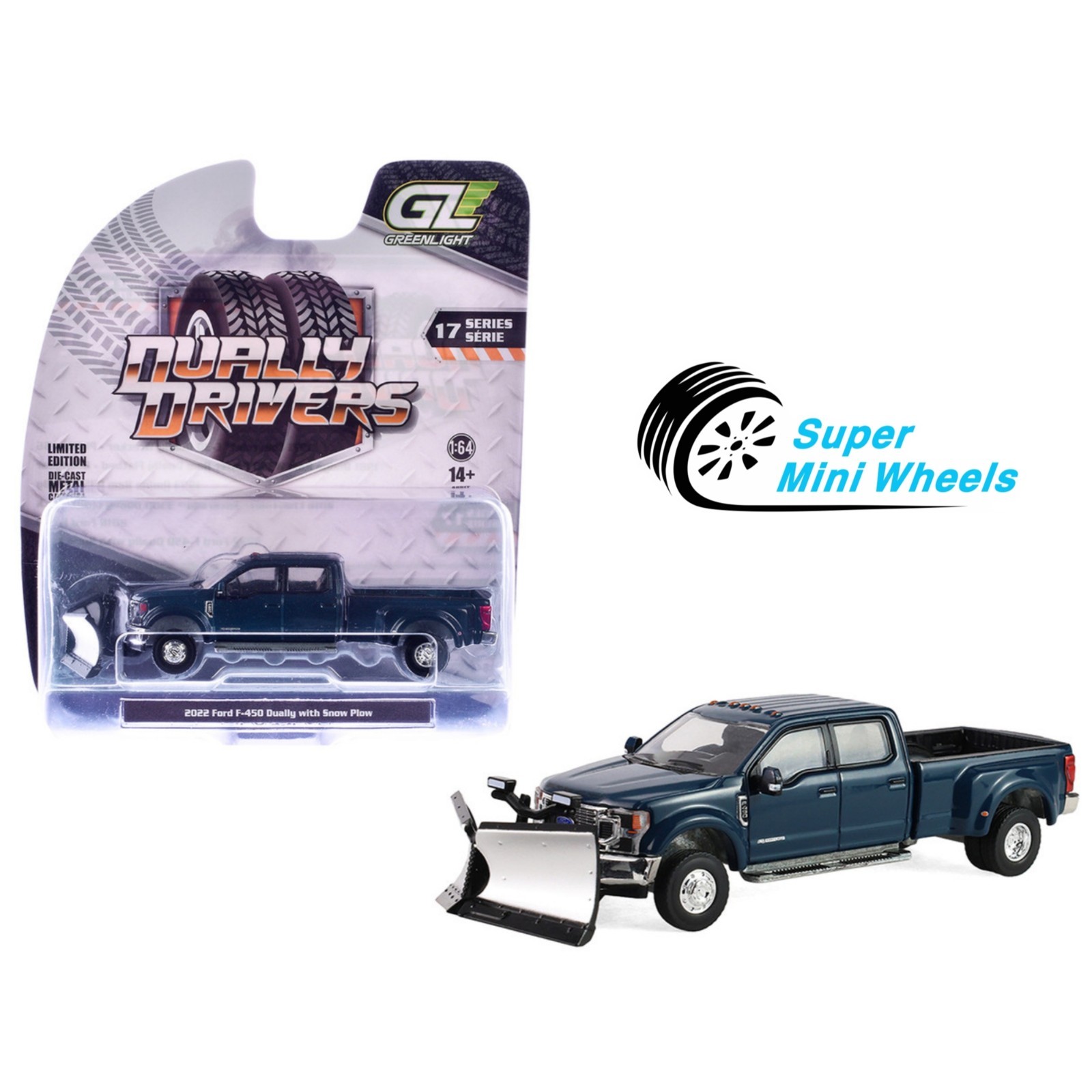 Greenlight 1:64 Dually Drivers 2022 Ford F-450 Dually with Snow Plow Blue Greenlight 1:64 Dually Drivers 2022 Ford F-450 Dually with Snow Plow Blue
