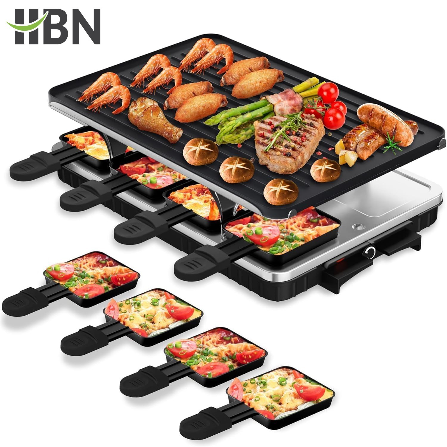 HBN Electric Raclette Table Grill W/ 8 Warming Trays, 2-in-1 Korean BBQ Grill HBN Electric Raclette Table Grill W/ 8 Warming Trays, 2-in-1 Korean BBQ Grill