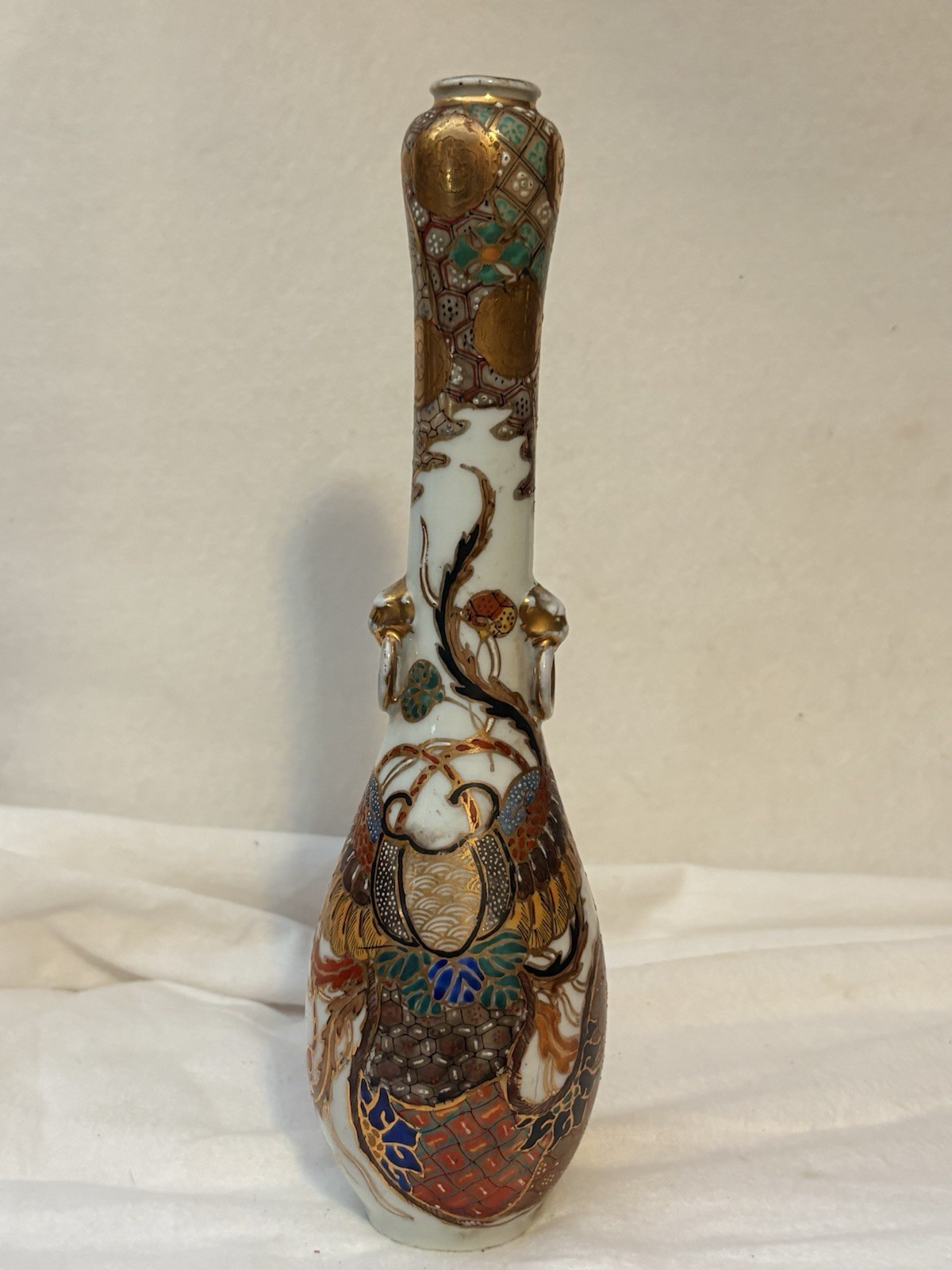 Antique Japanese Meiji Kutani Satsuma Porcelain Bottle Vase 10.5