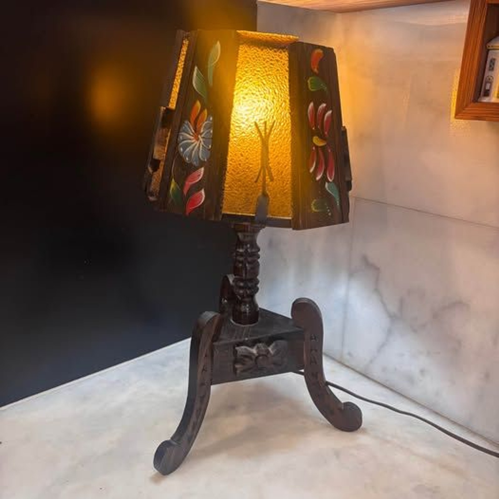 Vintage Hand-Painted folk art eclectic Spanish Wooden carved Lamp Amber Glass Vintage Hand-Painted folk art eclectic Spanish Wooden carved Lamp Amber Glass