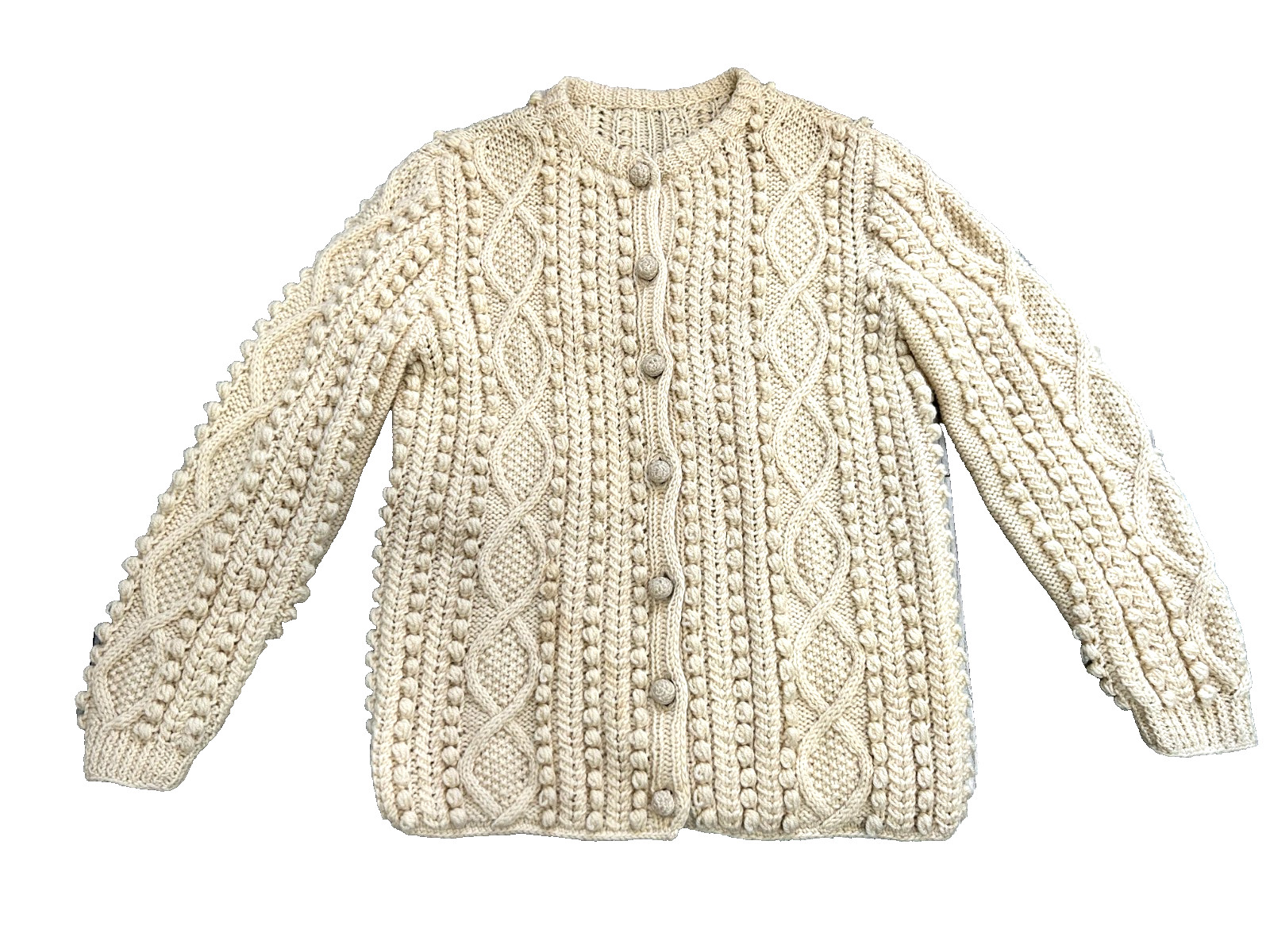 Vtg 70s Hand Knit Wool Aran Fisherman Cardigan Sweater Popcorn Coquette L-XL EUC Vtg 70s Hand Knit Wool Aran Fisherman Cardigan Sweater Popcorn Coquette L-XL EUC