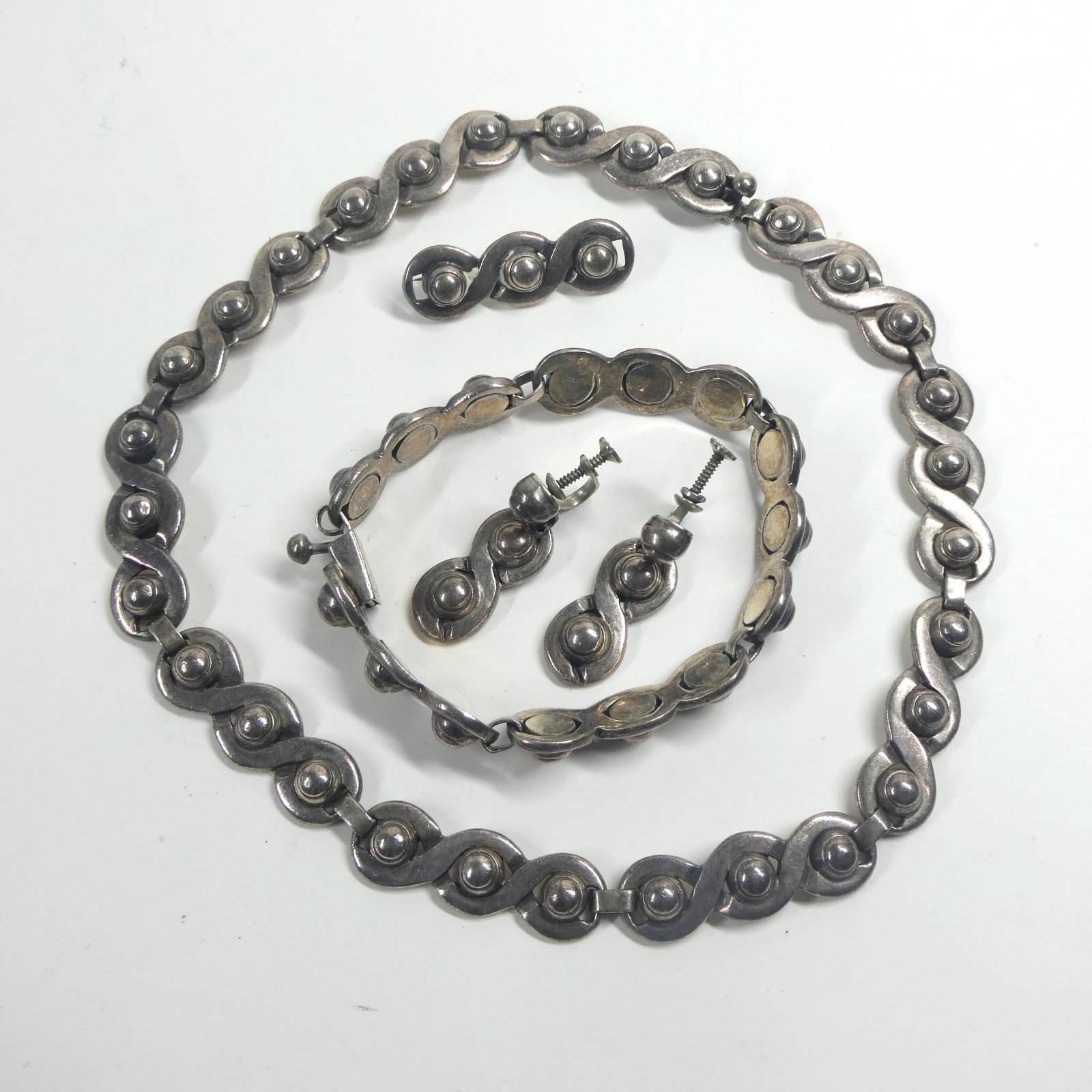 Taxco Sterling Silver Set Signed LC Necklace Bracelet Earring Chain Link Vintage Taxco Sterling Silver Set Signed LC Necklace Bracelet Earring Chain Link Vintage
