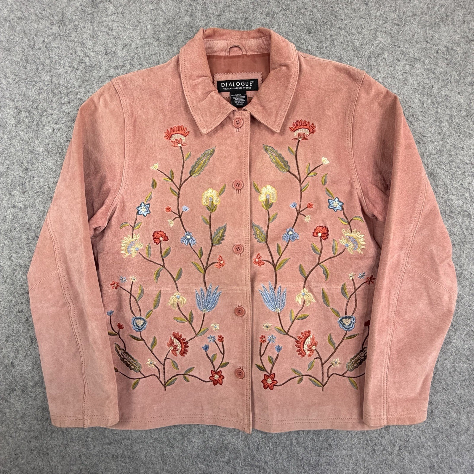 Dialogue Womens Pink Leather Suede Floral Embroidered Button Jacket Size Large Dialogue Womens Pink Leather Suede Floral Embroidered Button Jacket Size Large