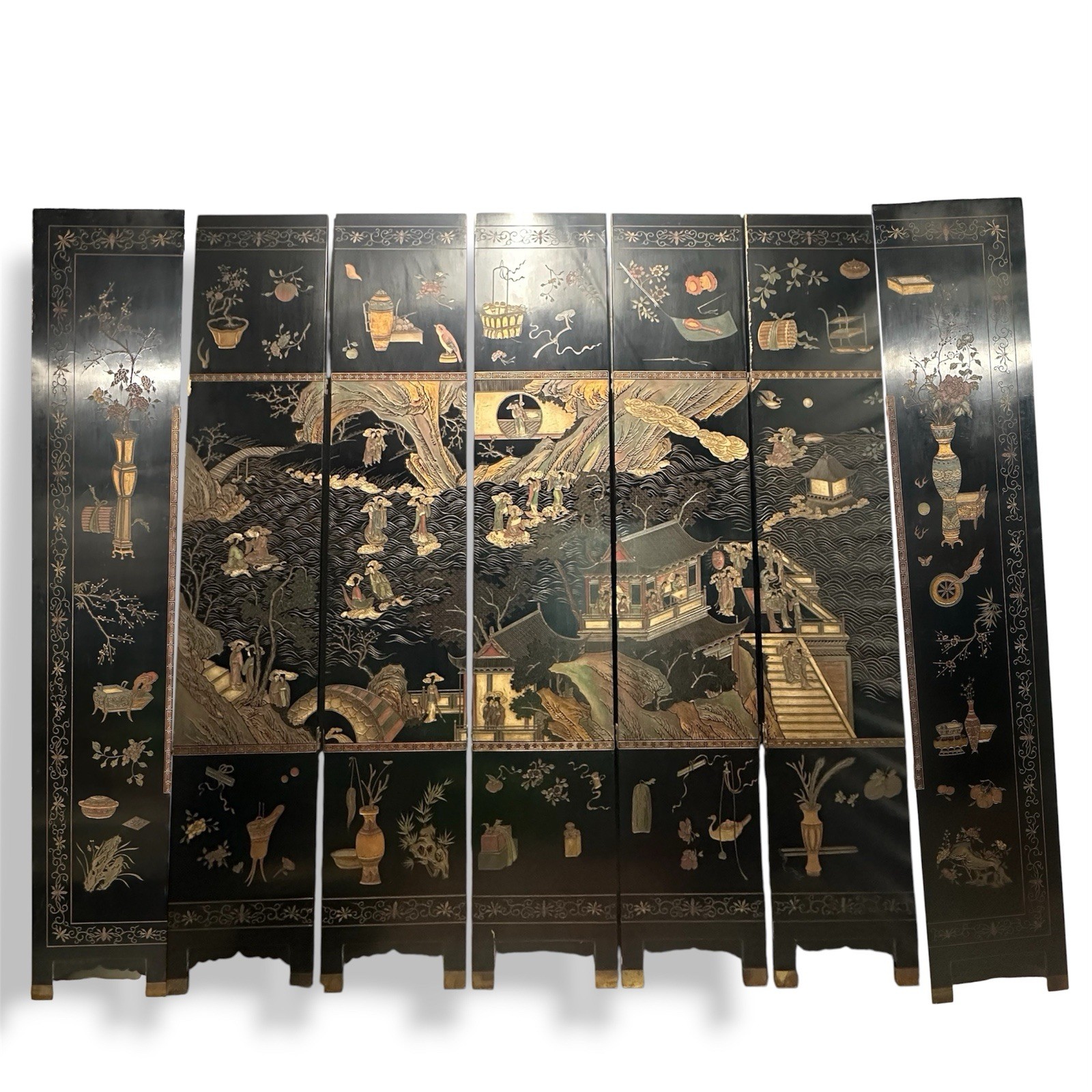 MASSIVE 9 ft tall 7 Panel Chinese Coromandel Style Divider Screen Double Sided.