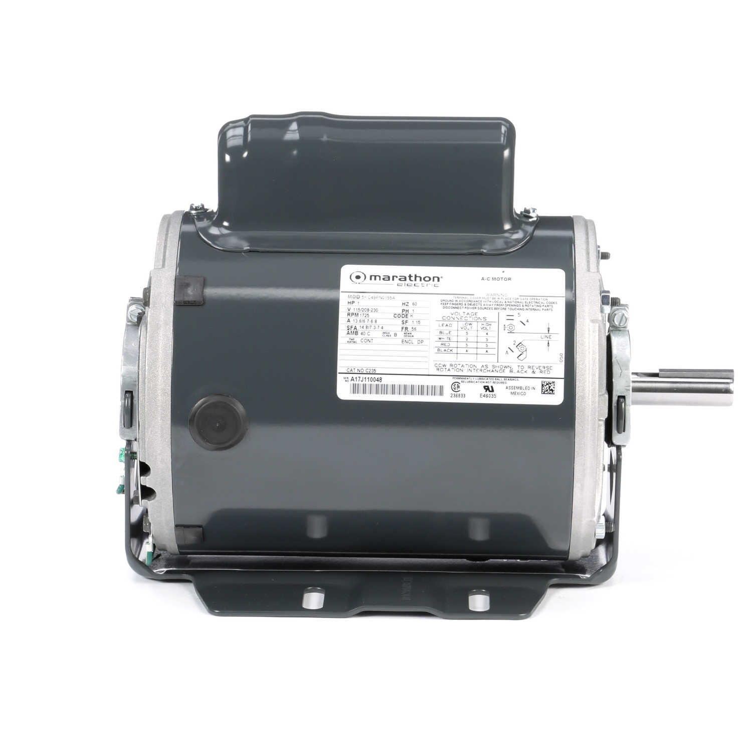 Marathon C235 Electric Motor 1 HP 1725 Rpm 1PH 115/208-230 Volt 56 Frame