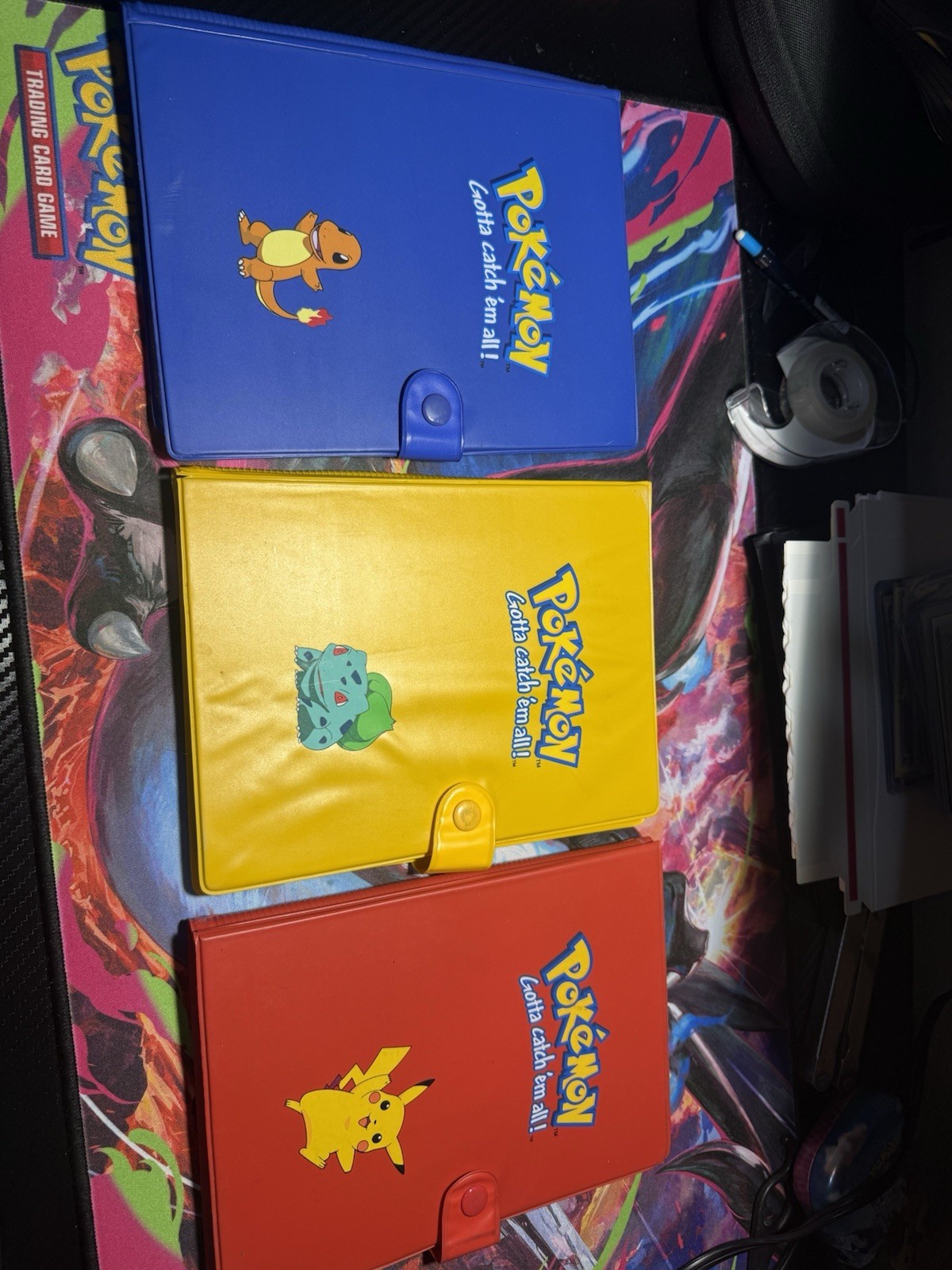 Pokémon Card Binder Lot of 3 Blue Yellow Red Vintage Charmander, Bulb, Pikachu