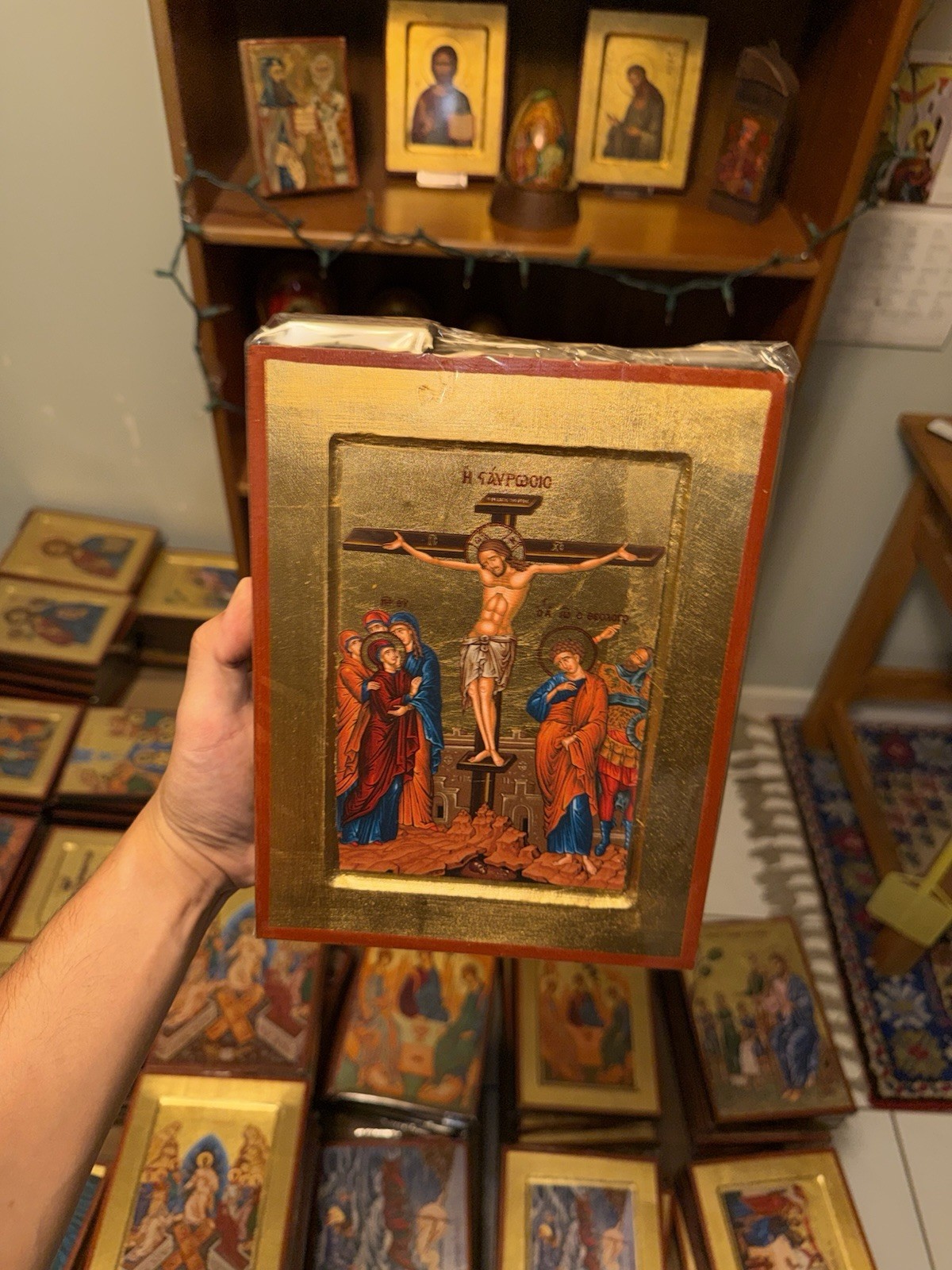 Crucifixion of Christ Orthodox Icon 18kt Gold Leaf Carved Wood handmade 18x24cm