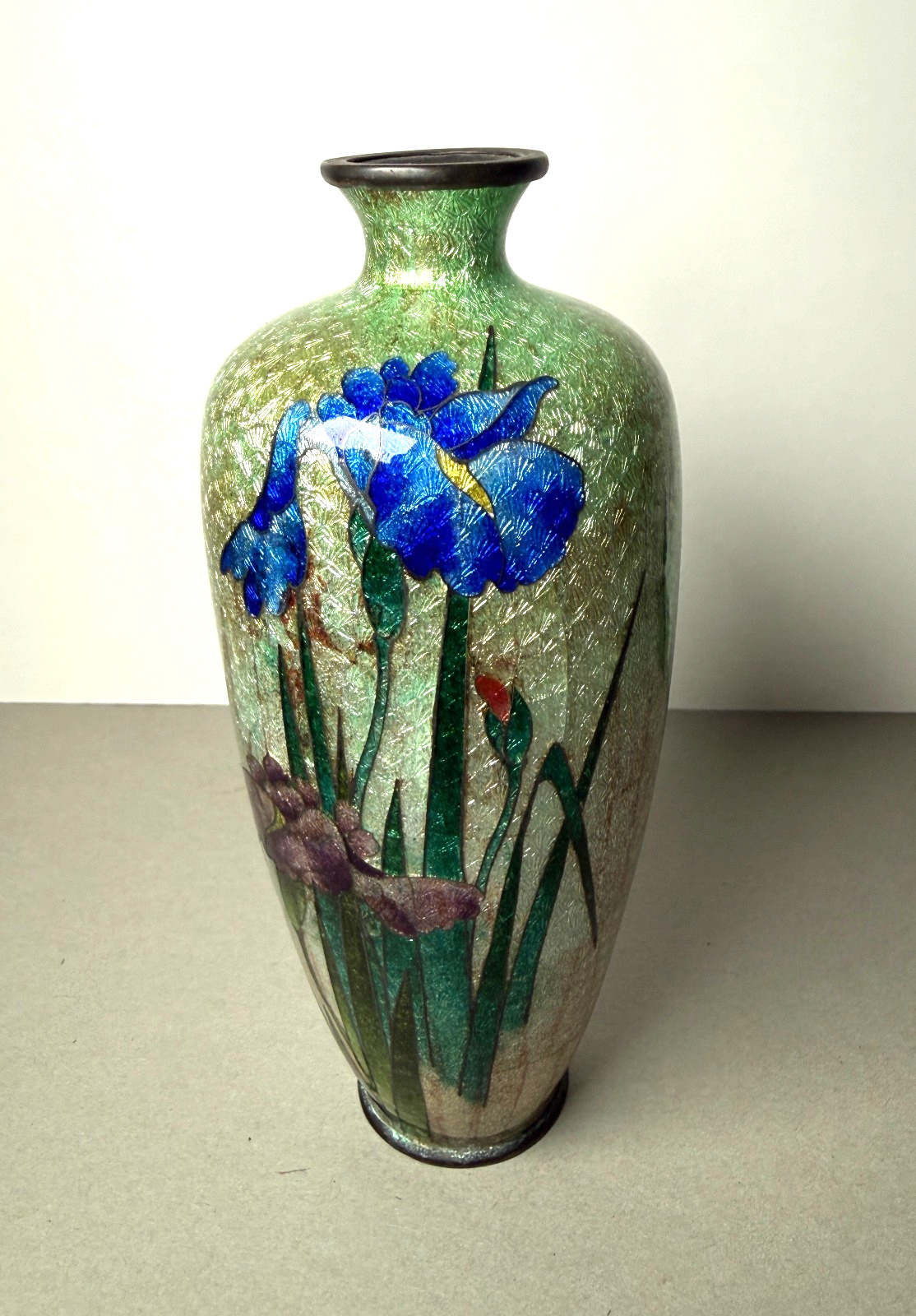 ANTIQUE VTG JAPANESE MEIJI GINBARI CLOISONNE ENAMEL BUD VASE FLORAL IRIS 6.5\