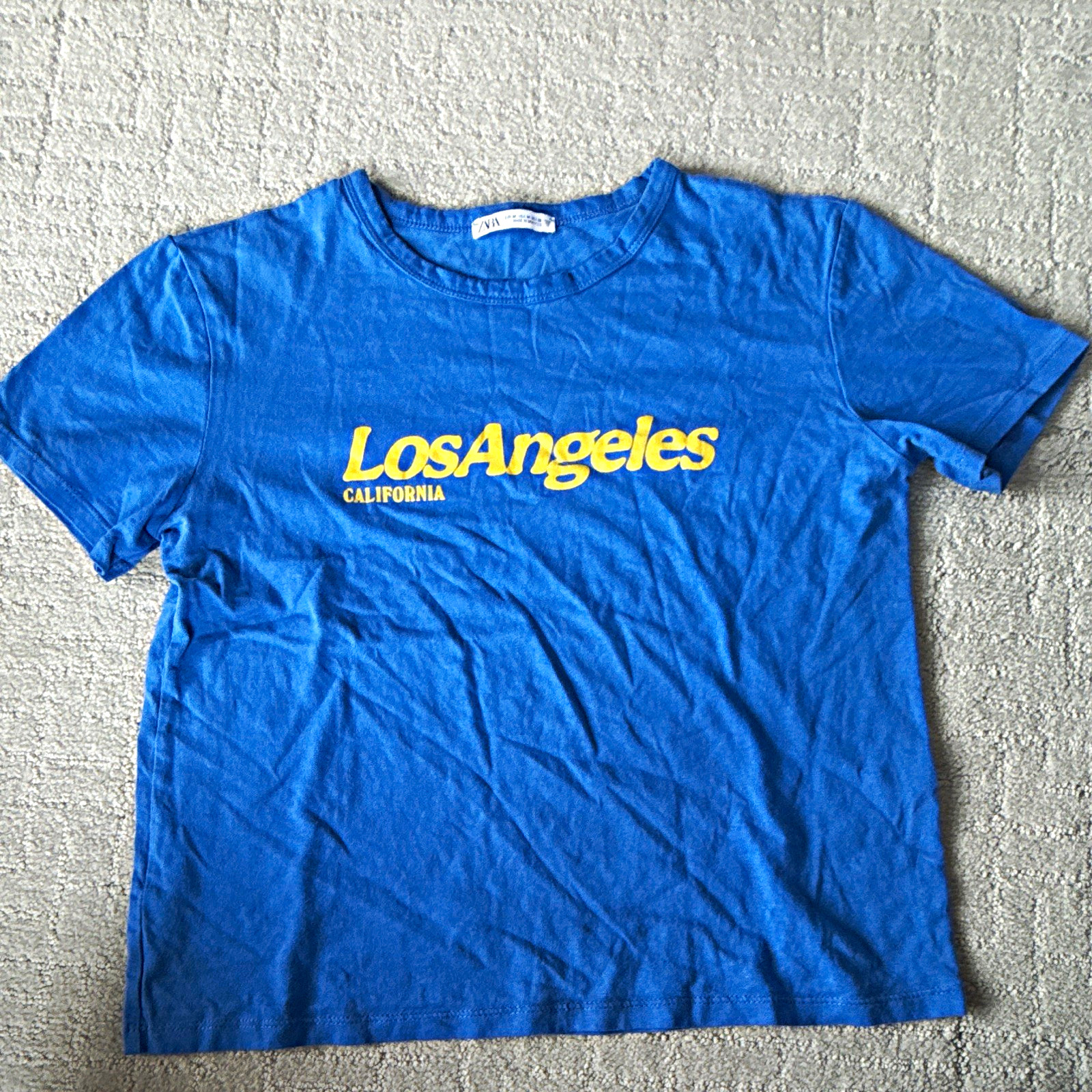 ZARA Women’s M Medium Blue Cotton Knit Los Angeles Graphic Crew Neck Tee ZARA Women’s M Medium Blue Cotton Knit Los Angeles Graphic Crew Neck Tee