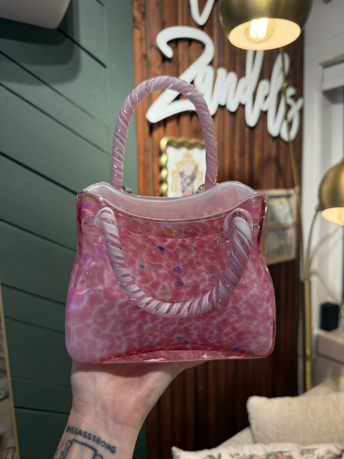 Vintage Murano Style Hand Blown Studio Art Glass Purse Vase Handbag Planter Pink